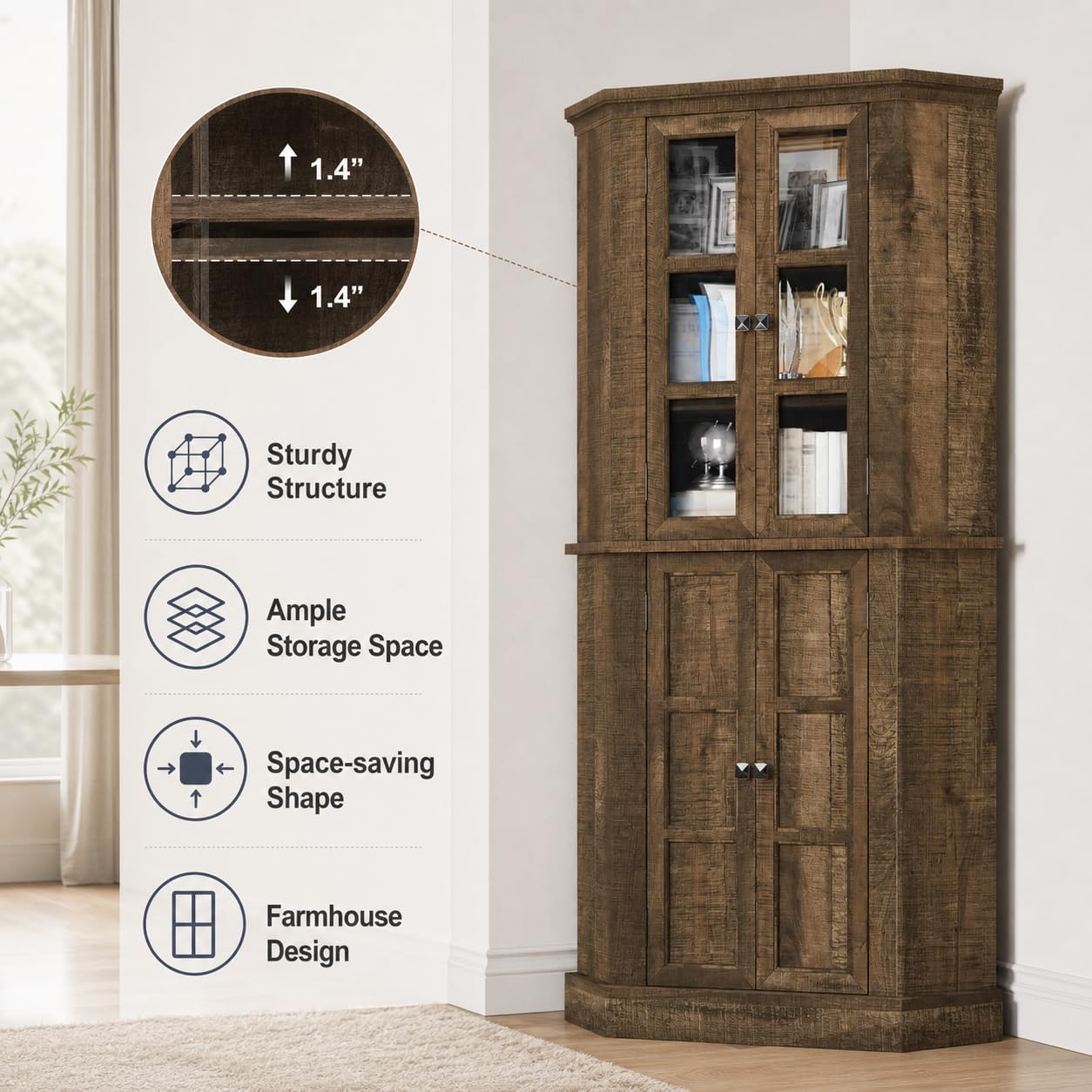 Betterhood Corner Cabinet, 67' Tall Kitchen Pantry Storage Cabinet with Glass Doors and Adjustable Shelves, Freestanding Food Pantry Farmhouse Furniture for Kitchen,Living Room, Rustic Brown