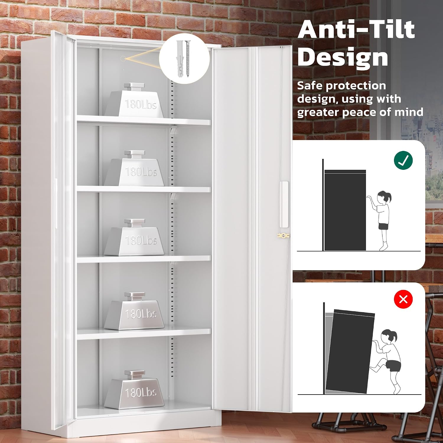 Greenvelly Metal Lockable Storage Cabinet, 72' Storage Cabinet with 2 Doors and 4 Adjustable Shelves for Office, Home, Garage, Pantry (Assembly Required, White)