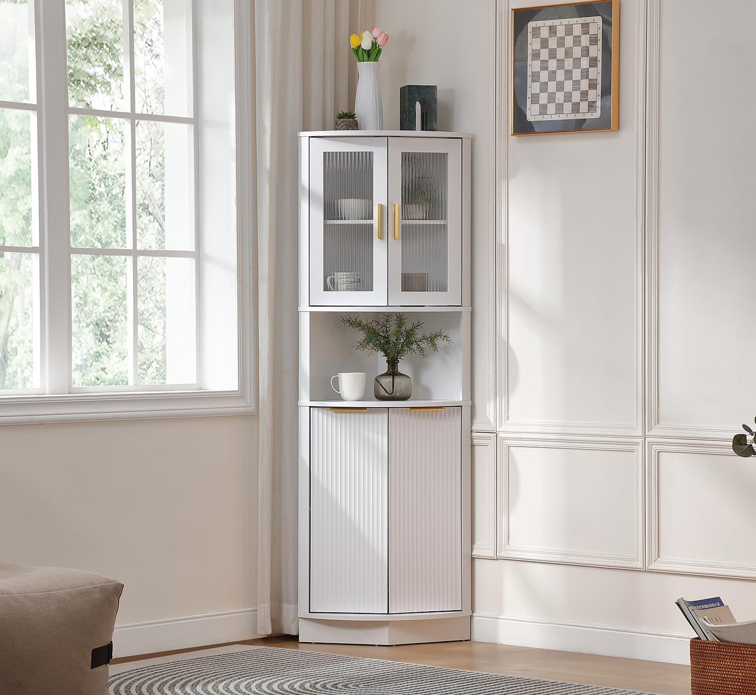FOREST GRAVITY 64.57'' Tall Corner Cabinet with Shelves for Great Storage and Showcase,Storage Cabinet Double as Corner Liquor Cabinet with Pentagon Design for Livinng Room,Kitchen and Bathroom,White