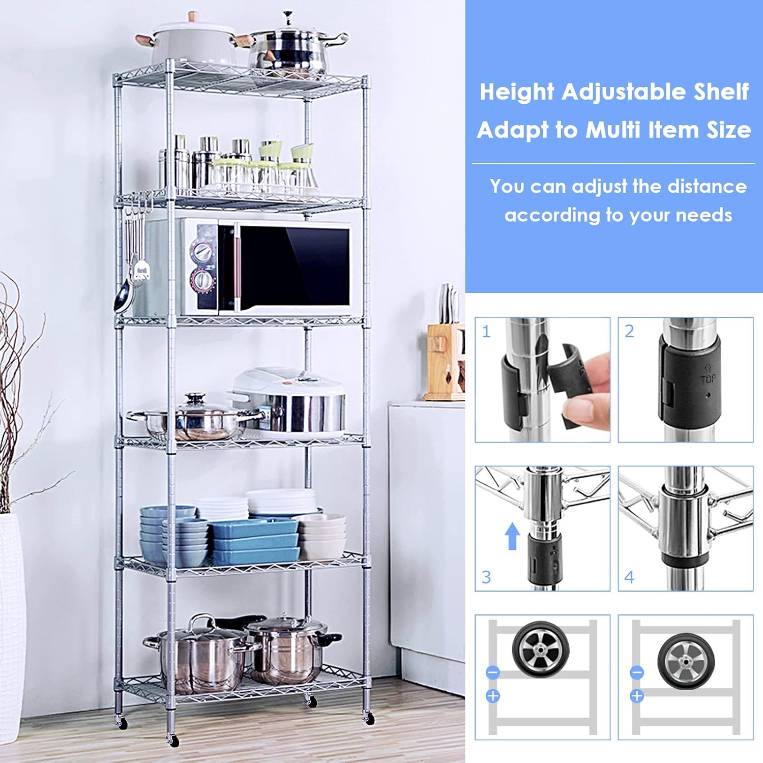 5 Tier Wire Shelving Unit With Wheels, Adjustable Narrow Metal Shelf, NSF Certified Storage for Laundry, Garage, Kitchen, Pantry, 18' D X 24' W X 71' H, Chrome