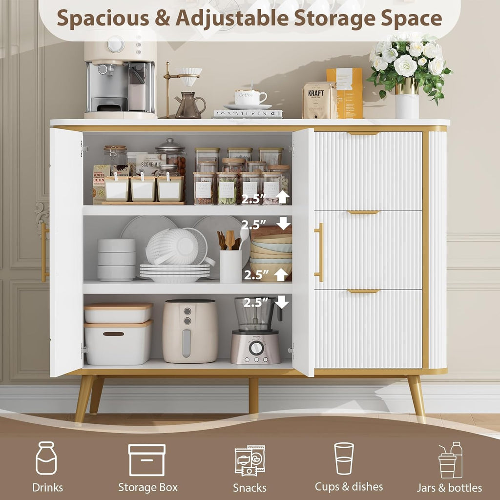 47.3' Modern Buffet Cabinet with Storage, Kitchen Sideboard Buffet with 2 Door & 3 Drawers, Fluted Caffee Bar Storage Cabinet for Dining Room, Living Room, Entryway, White