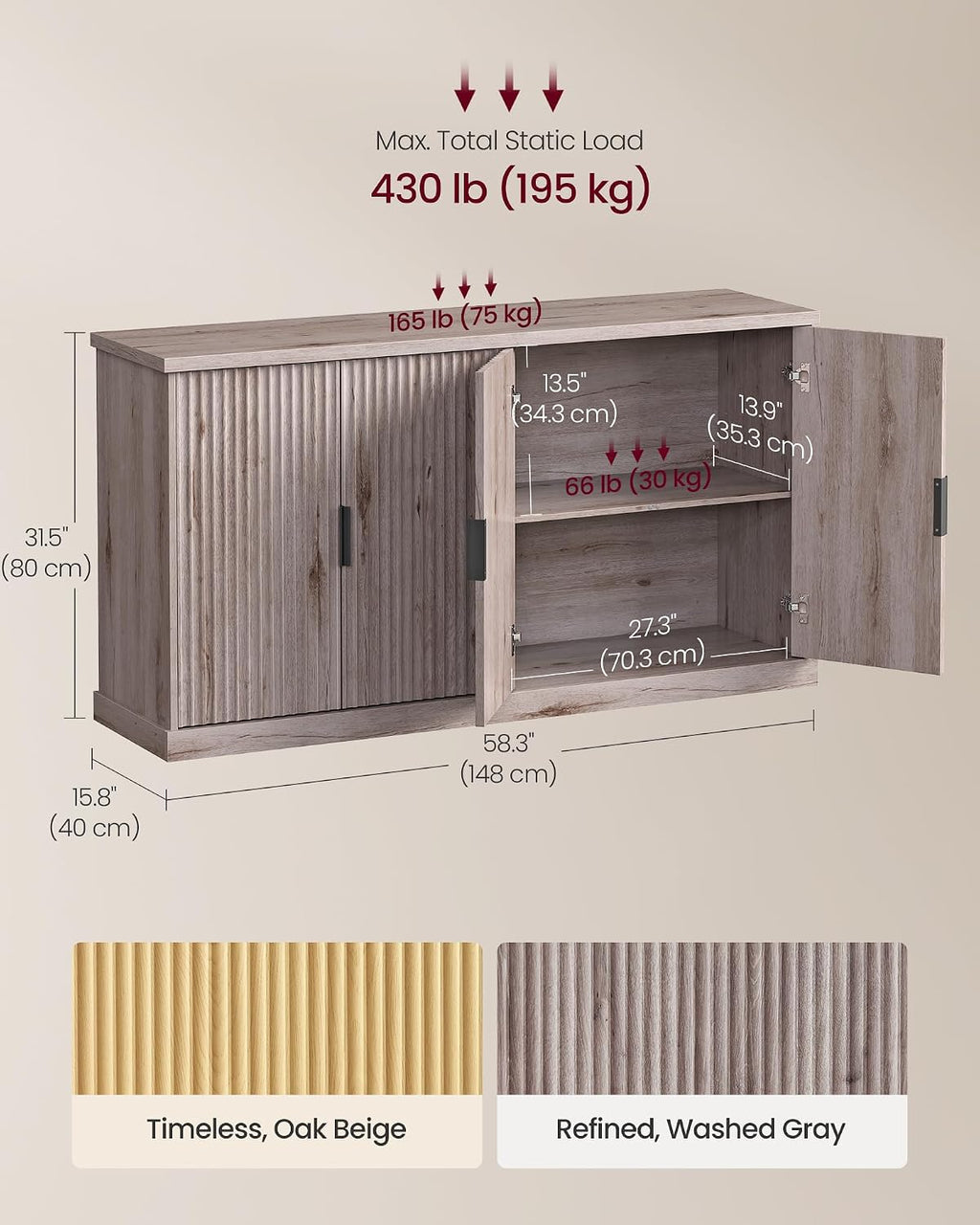VASAGLE MAXE Collection - Buffet Cabinet, Fluted Console Cabinet, Sideboard with Adjustable Shelves, Mid Century Modern Buffet Table, 15.8 x 58.3 x 31.5 Inches, Washed Gray UBBK382G01S