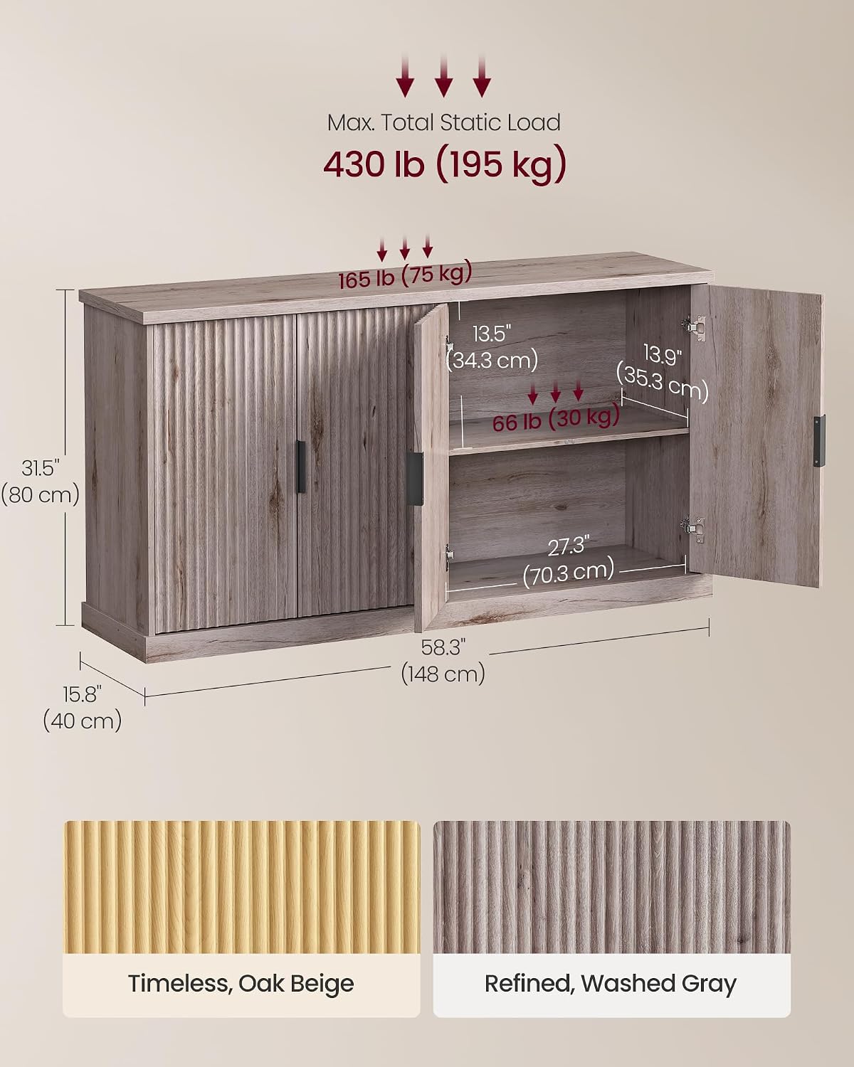 VASAGLE MAXE Collection - Buffet Cabinet, Fluted Console Cabinet, Sideboard with Adjustable Shelves, Mid Century Modern Buffet Table, 15.8 x 58.3 x 31.5 Inches, Washed Gray UBBK382G01S