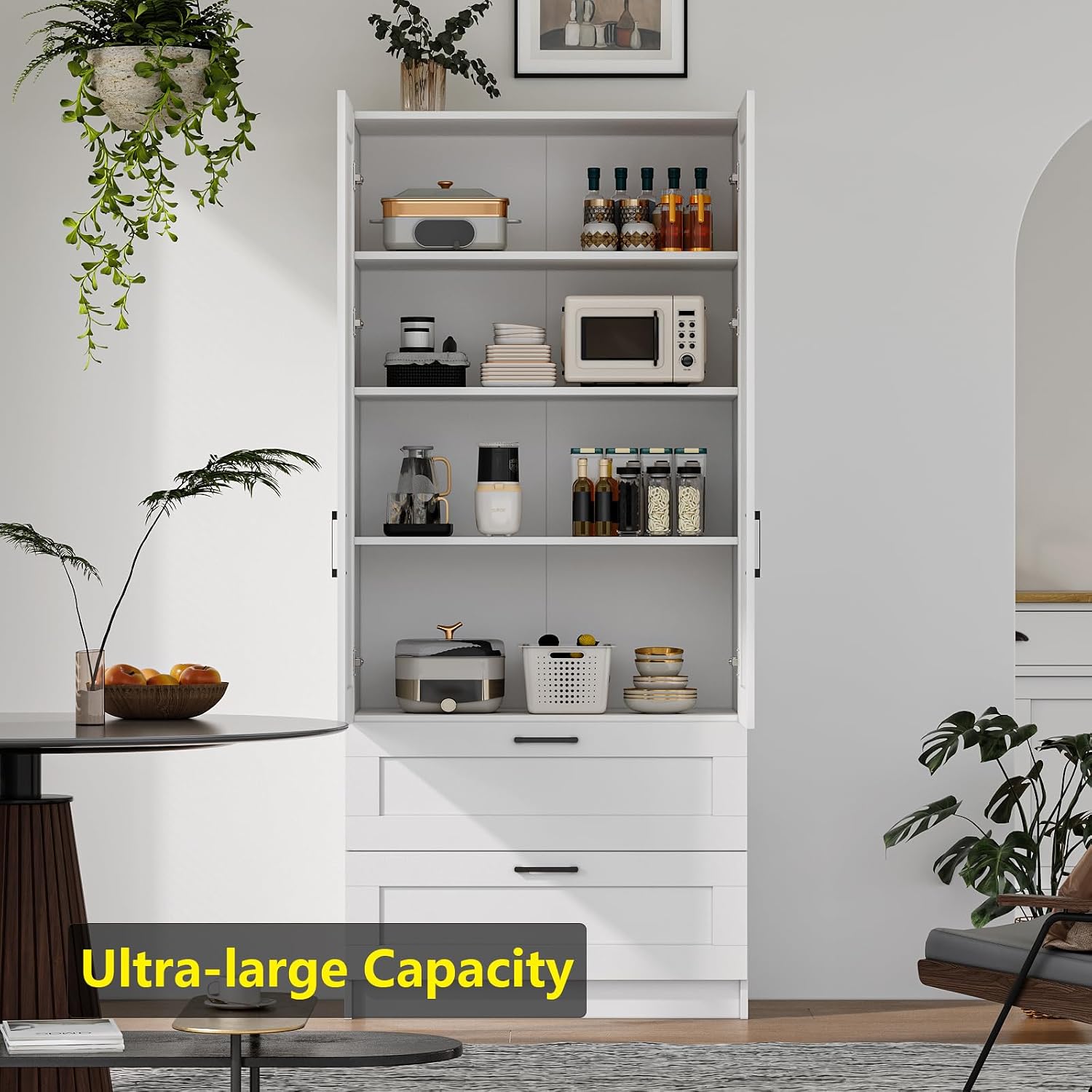White Tall Kitchen Pantry Cabinet Organizers and Storage with Doors and Drawer and Adjustable Shelves，Wood Large Gabinetes Para Cocina Office Bookshelf for Laundry Room Cabinets (31.5'W*15.7'D*71'H)