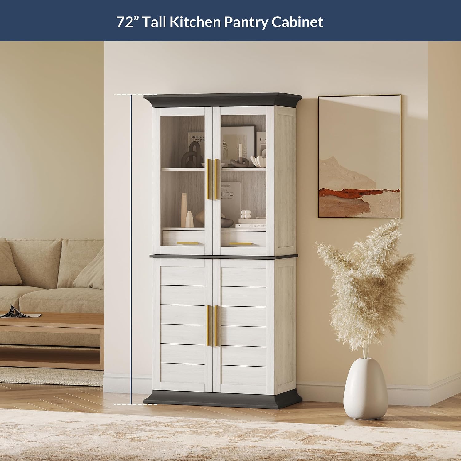 BELLEZE 72' High Storage Cabinet with Adjustable Shelves and Drawers, Freestanding Cabinet with Ample Storage Space for Kitchen, Dining & Living Room - White