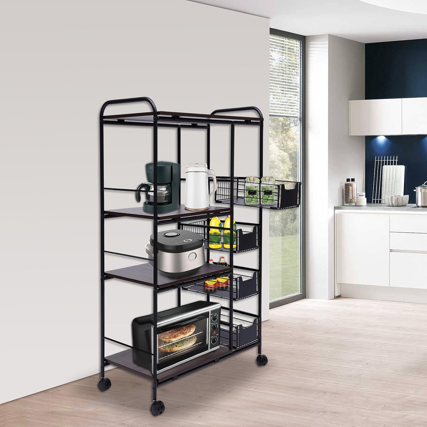 Kitchen Storage Carts,Kitchen Stand Microwave Cart for Home,Kitchen Shelving Unit Rolling Utility Microwave Oven Rack on Wheels,Mobile Cart with 4 Tier Storage Bakers Rack,with 4 Sliding Drawers