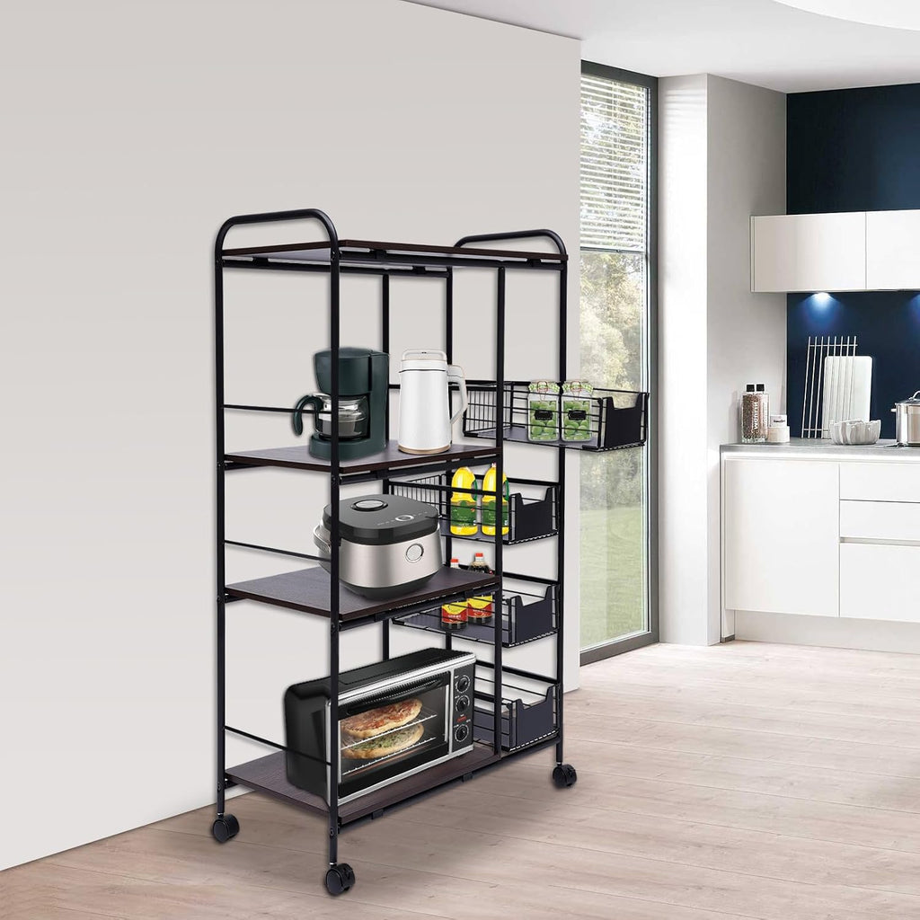 4 Tiers Kitchen Storage Shelf with 4 Drawers, Heavy Duty Storage Shelves Kitchen Bakers Rack with 4 Swivel Wheels, Kitchen Storage Cart Microwave Oven Stand Rack Utility Storage Shelf Organizer