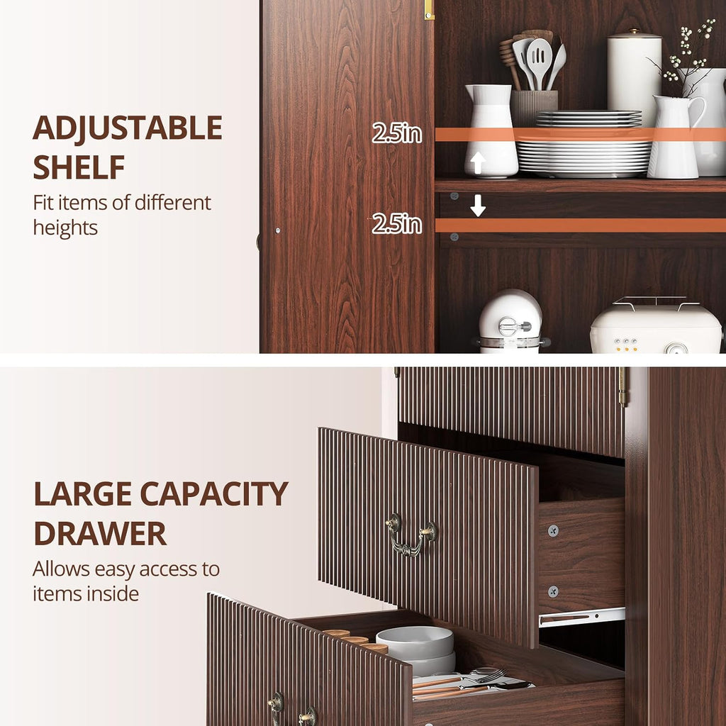 FURSUN 71' Tall Fluted Arched Bookshelf with Doors, Wood Pantry Storage Cabinet with 2 Large Drawers, Modern Versatile Bookcase for Living Room, Kitchen, Dining, Dark Walnut