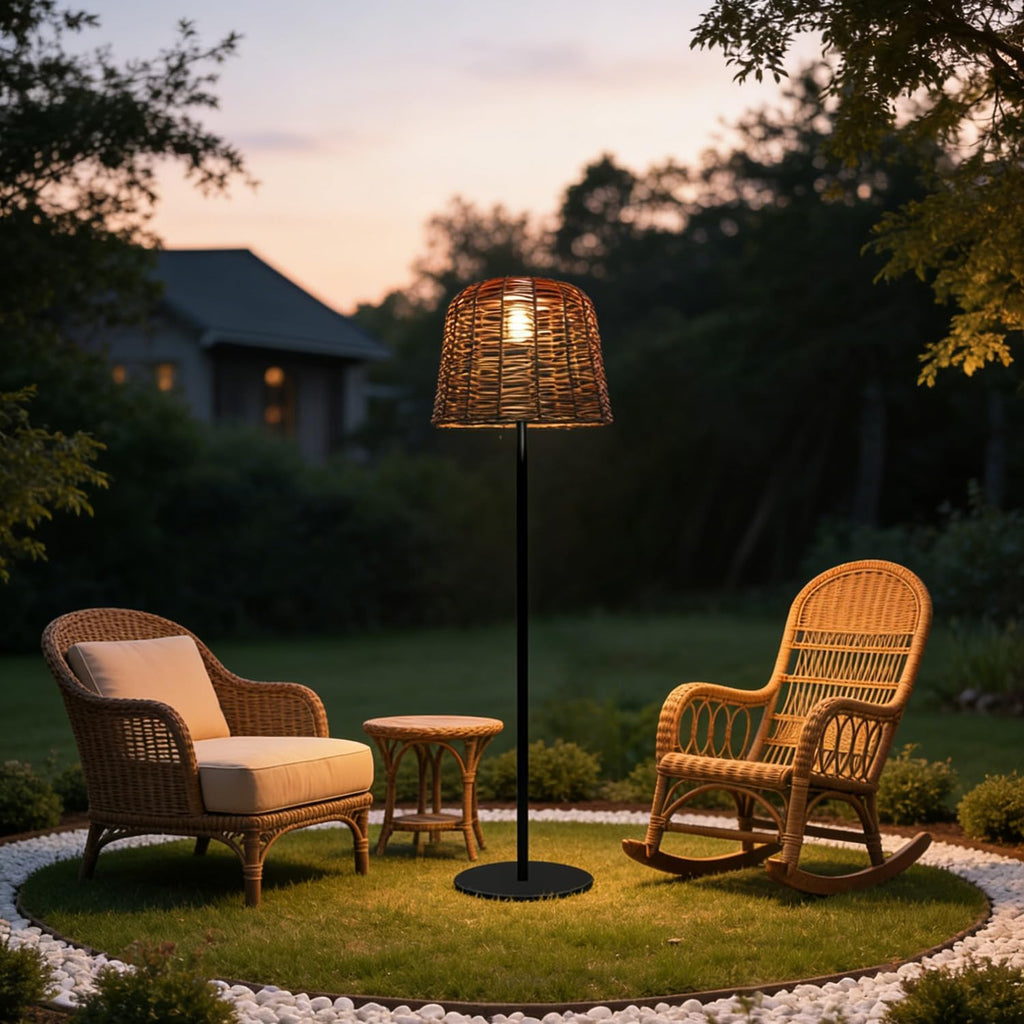 MIXL-Coffee Brown Outdoor Floor Lamp,Waterproof Wicker Shade Standing Lamp,Modern Farmhouse Dusk to Dawn Solar Light, 3000K Led Solar Outdoor Light for Patio Garden and Gazebo