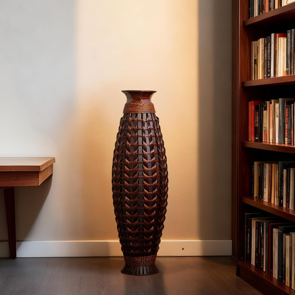39-Inch Large Handwoven Rattan Floor Vase, Bamboo Weave Tall Vase for Dried Flowers, Boho Chic Home Decor for Living Room, Bedroom, Entryway