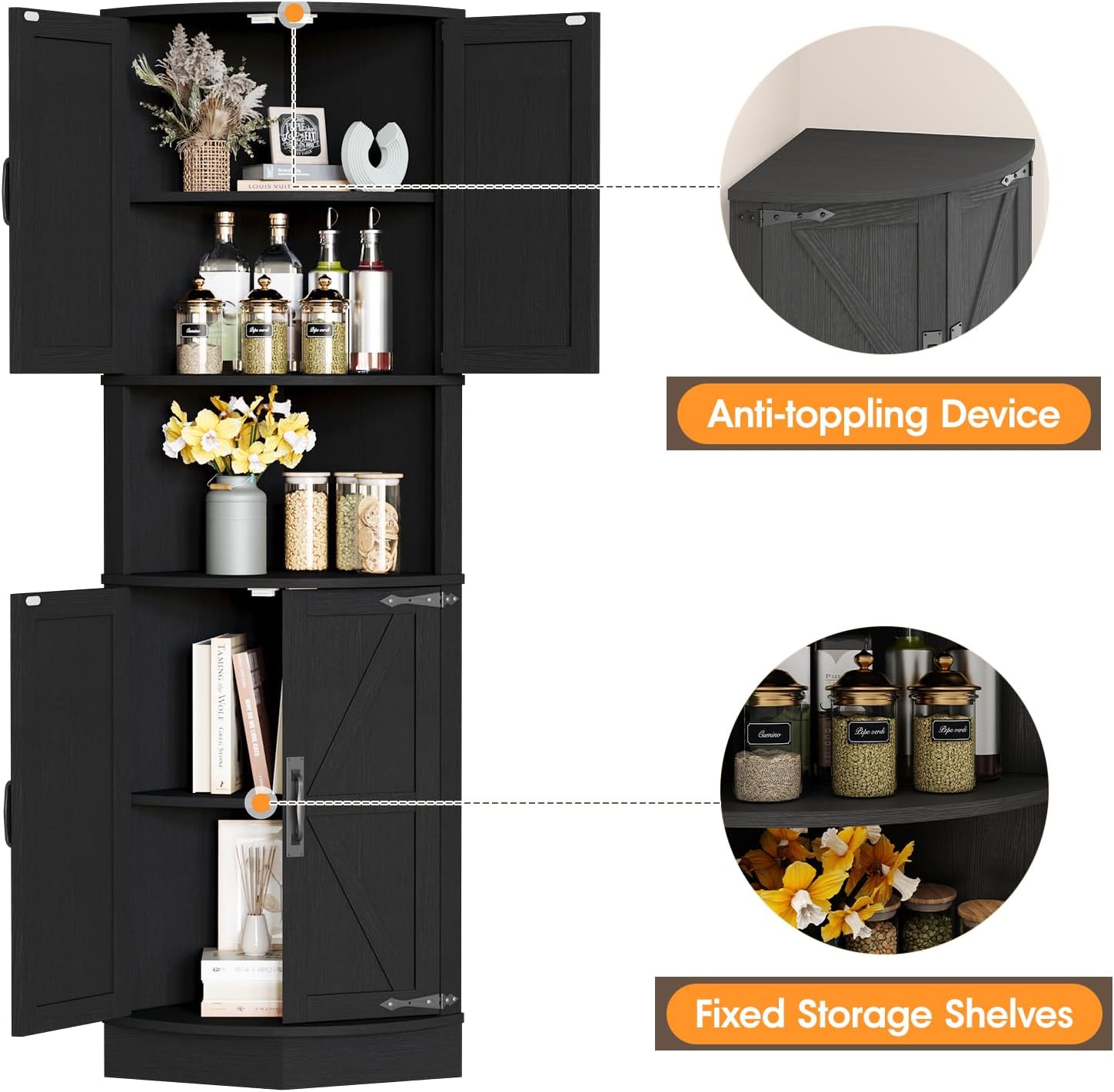 Vabches 64.8' Tall Farmhouse Corner Cabinet with 4 Doors and 5 Storage Shelves, Farmhouse Storage Cabinet with Barn Door Design, Home Space Saver for Living Room, Kitchen, Laundry Room,Black