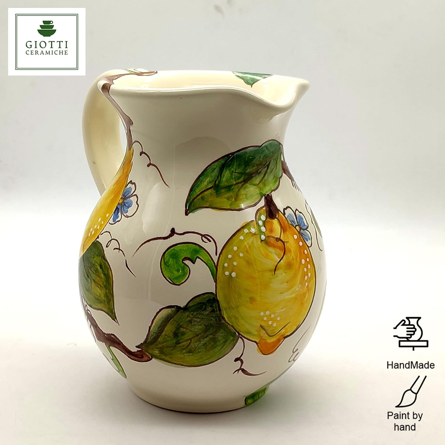 Italian Ceramic Pitcher Lemon - 16 oz Hand Painted Utensil Holder Or Carafe Design for Kitchen - Made in ITALY Tuscany - Italian Pottery Vase Jar for Wine - Home Decor Ceramics