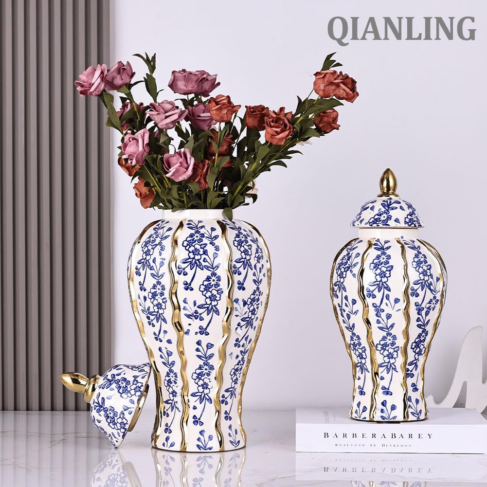 18.1in White and Gold Blue Luxury Ceramic Ginger Jar with Lid - Modern Geometry Decorative Vase for Home Decor, Living Room, Kitchen, Dining Table, Cabinet Decor, Storage