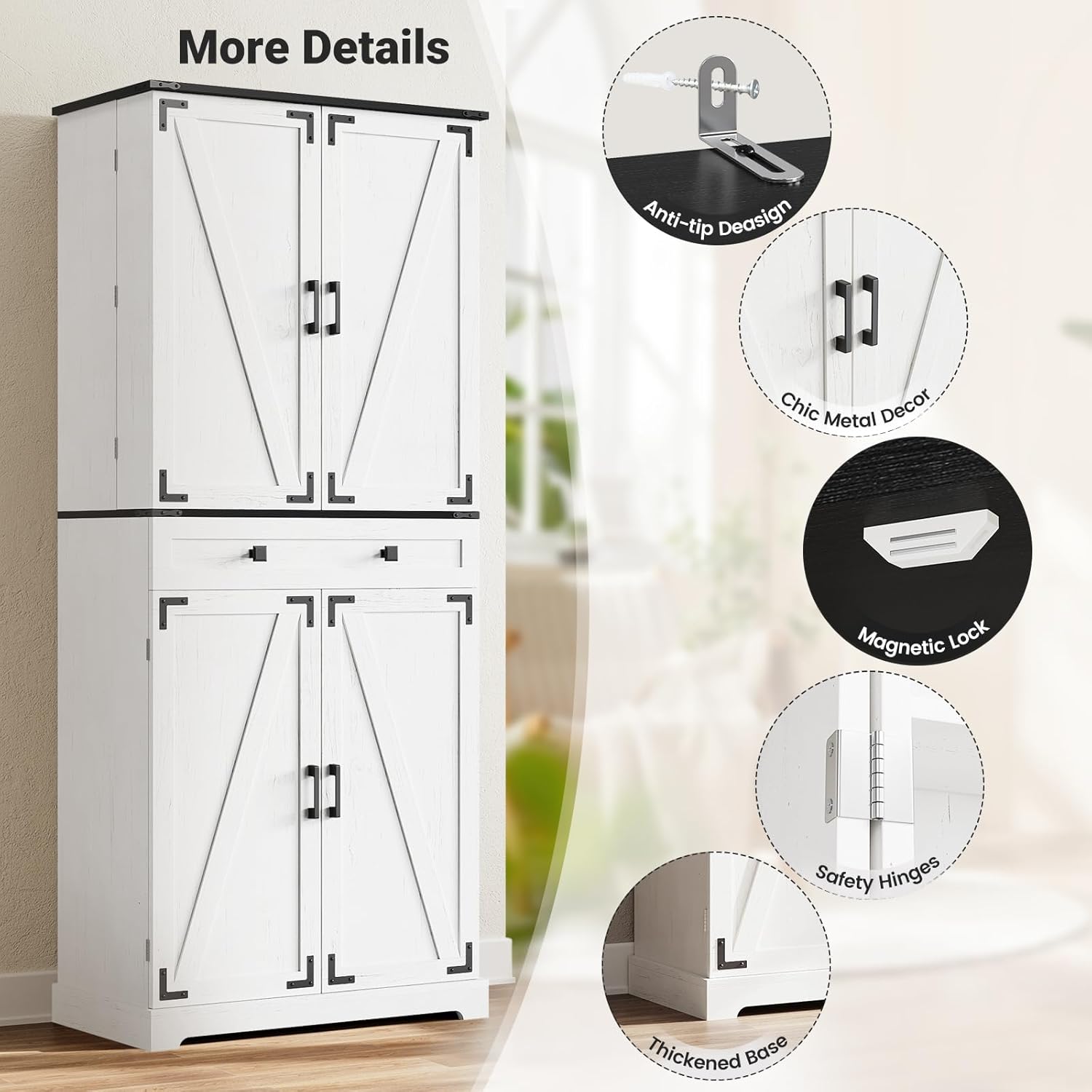 72' Kitchen Pantry Cabinet, Pantry Storage Cabinet with 8 Door Shelves and 3 Pull Out Shelves, Tall Pantry Cabinet with Adjustable Shelf and Large Drawer, Farmhouse Food Kitchen Hutch, For Dining Room