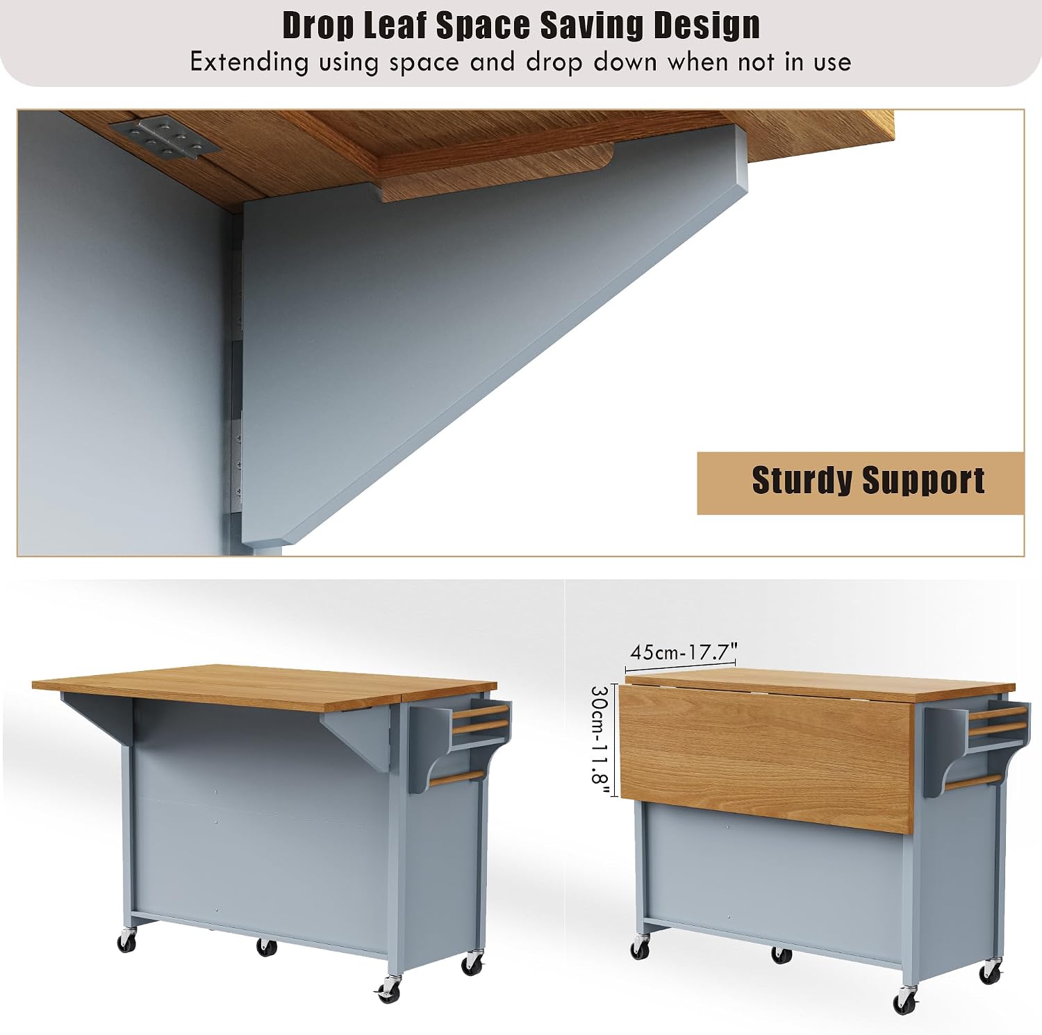 52' Kitchen Island Cart with Drop Leaf, Embossed Texture Kitchen Storage on Wheels with Spice Rack, Towel Rack, 5 Drawers, 2 Doors, Adjustable Shelf for Kitchen, Dining Room Grey Blue