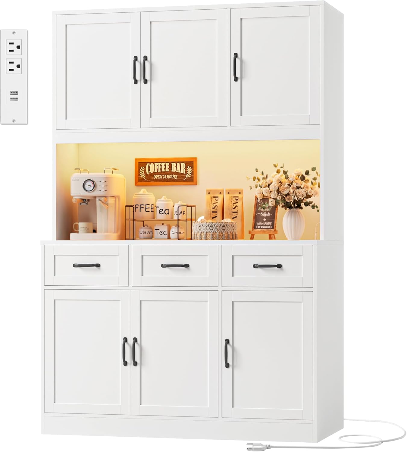 HOSTACK 72' Tall Kitchen Pantry Cabinet with Charging Station | LED Lights, 47' W Kitchen Pantry Storage Cabinet with Countertop, Modern Kitchens Hutch Cabinets with Storage for Dining Room, White