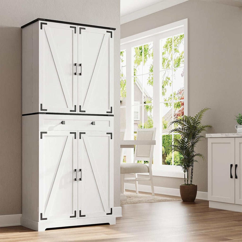 72' Kitchen Pantry Cabinet, Pantry Storage Cabinet with 8 Door Shelves and 3 Pull Out Shelves, Tall Pantry Cabinet with Adjustable Shelf and Large Drawer, Farmhouse Food Kitchen Hutch, For Dining Room