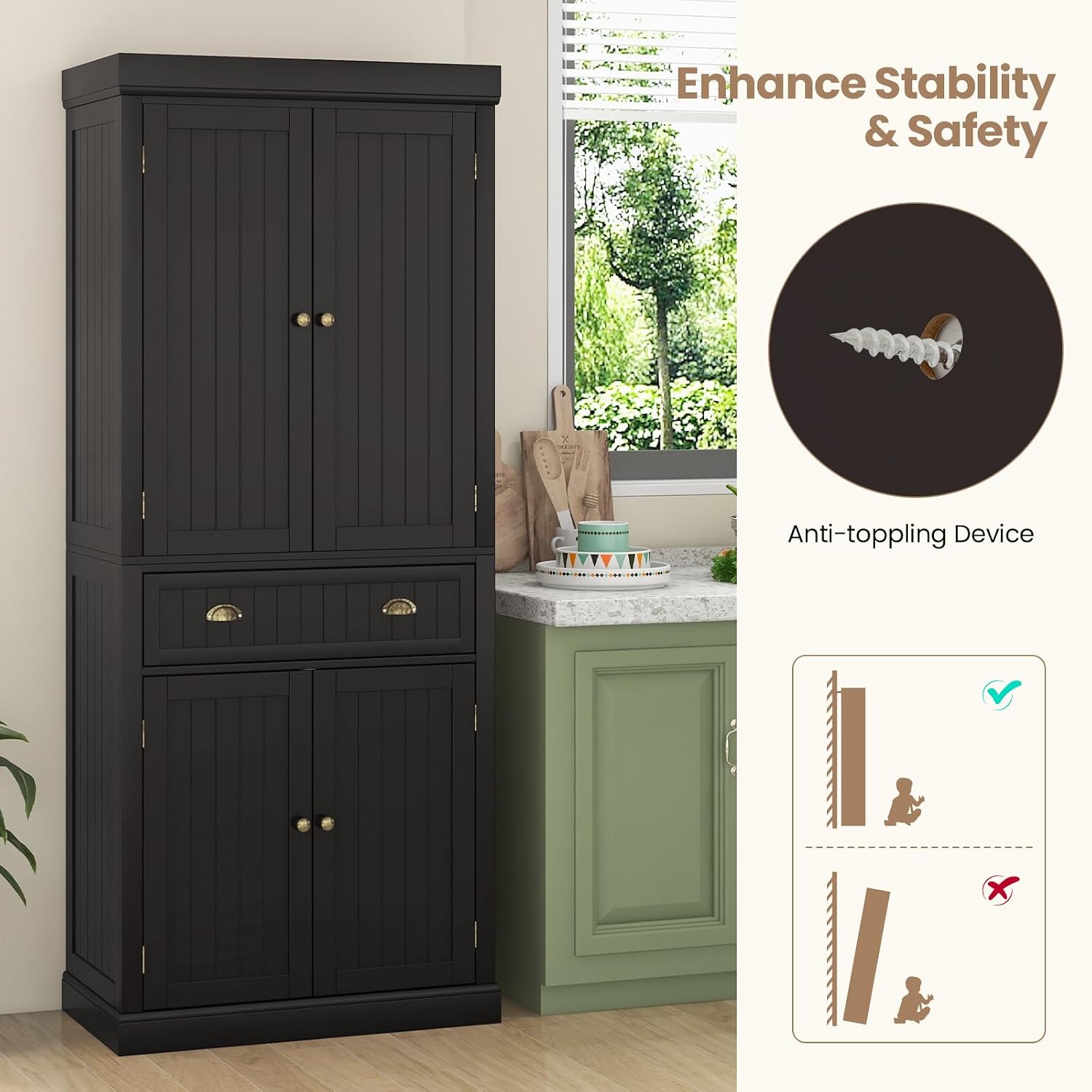 Tangkula 72' H Kitchen Pantry Cupboard Cabinet, Traditional Freestanding Large Tall Storage Cabinet with 2 Cabinets and Drawer, Adjustable Shelves, for Living Room Kitchen, 30 x 16 x 72 Inch