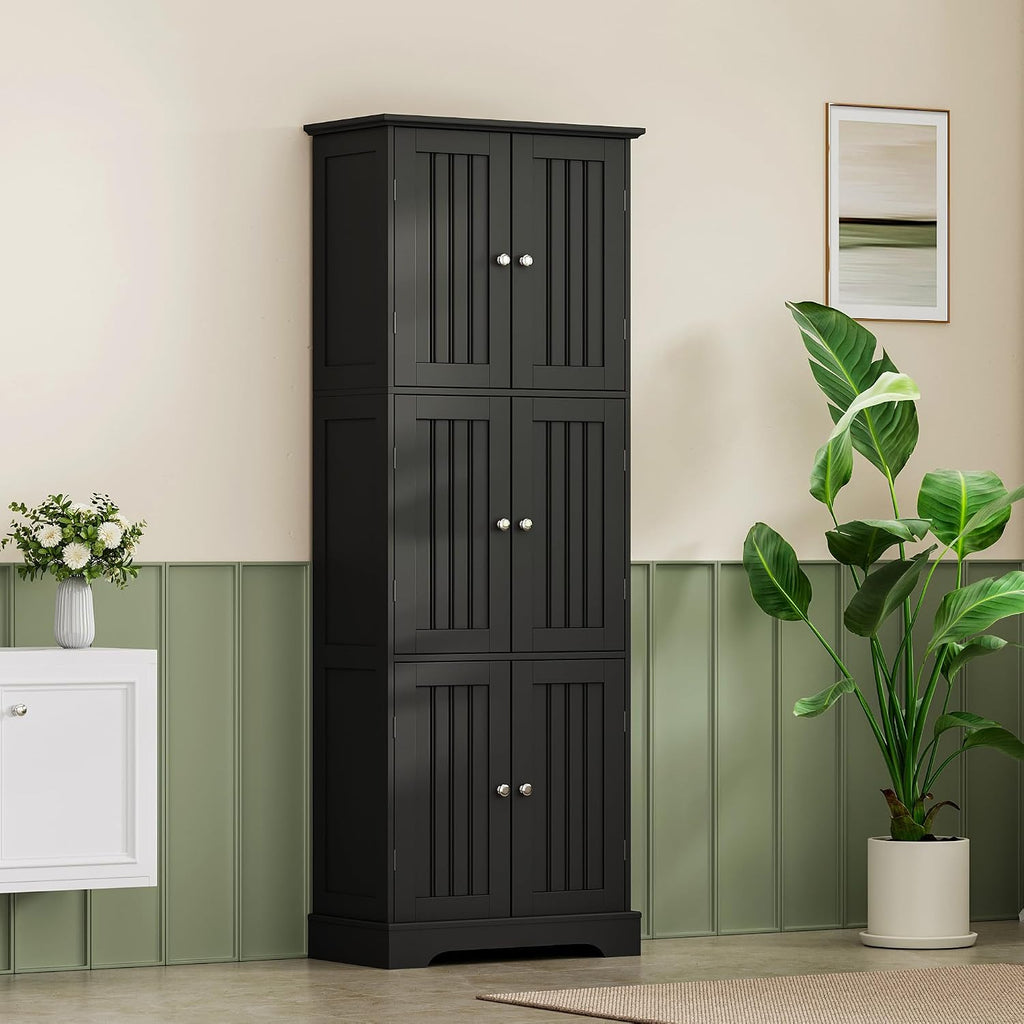 ChooChoo Tall Bathroom Storage Cabinet with 6 Doors, Freestanding Floor Cabinet with Adjustable Shelves, Black Pantry Cabinet for Bathroom, Kitchen, Laundry Room