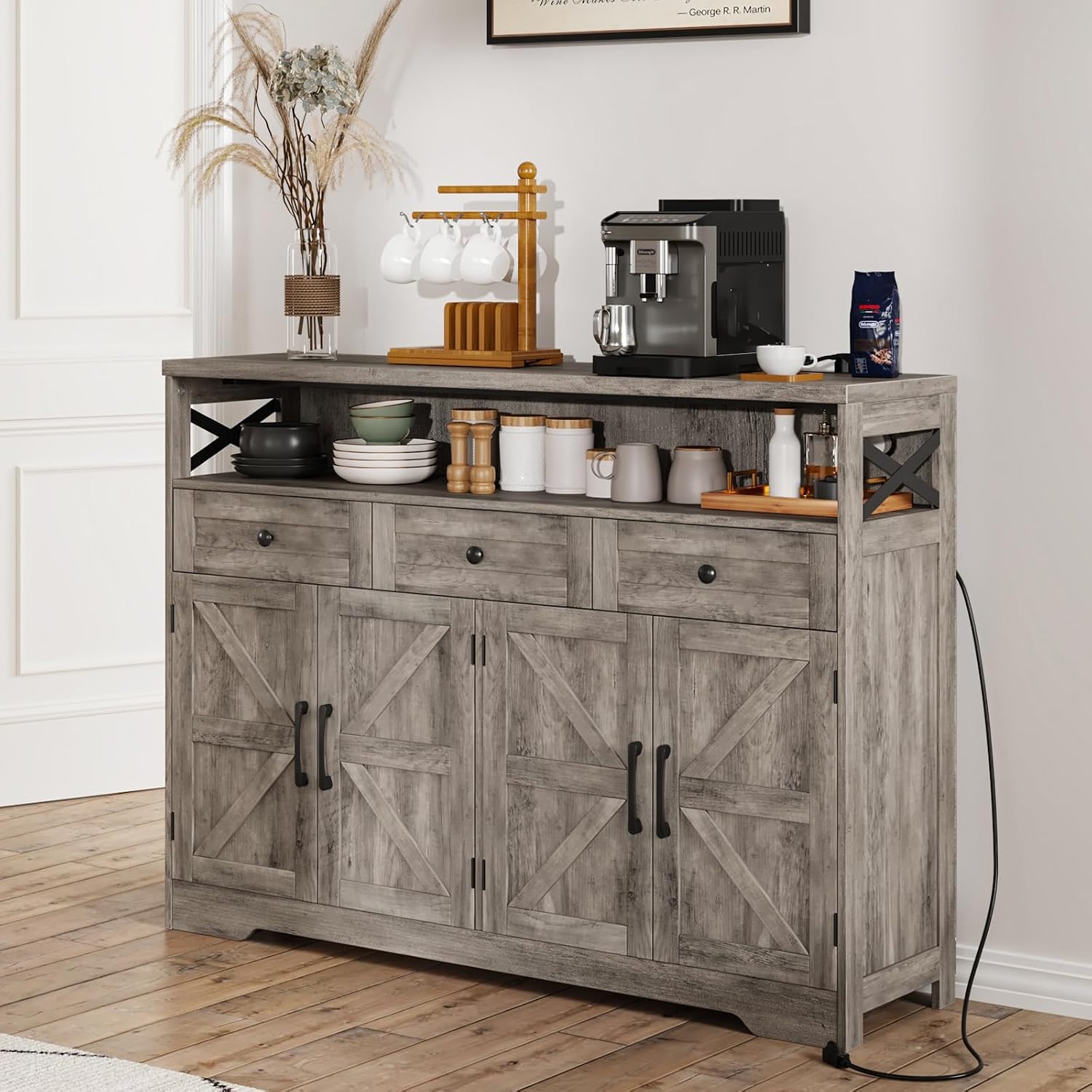 FiveWillowise 51' Farmhouse Buffet Sideboard with Storage, Kitchen Pantry Cabinet with Storage Drawers, Wood Cupboard Hutch, Coffee Bar Station Table for Kitchen, Living Room, Dining Room, Grey