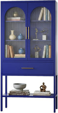 ALBAD 63 Inch Tall Metal Pantry/Display/Storage Cabinet with Fluted Glass Doors and Drawer & Adjustable Shelf for Modern Home Office Living Room Kitchen Blue
