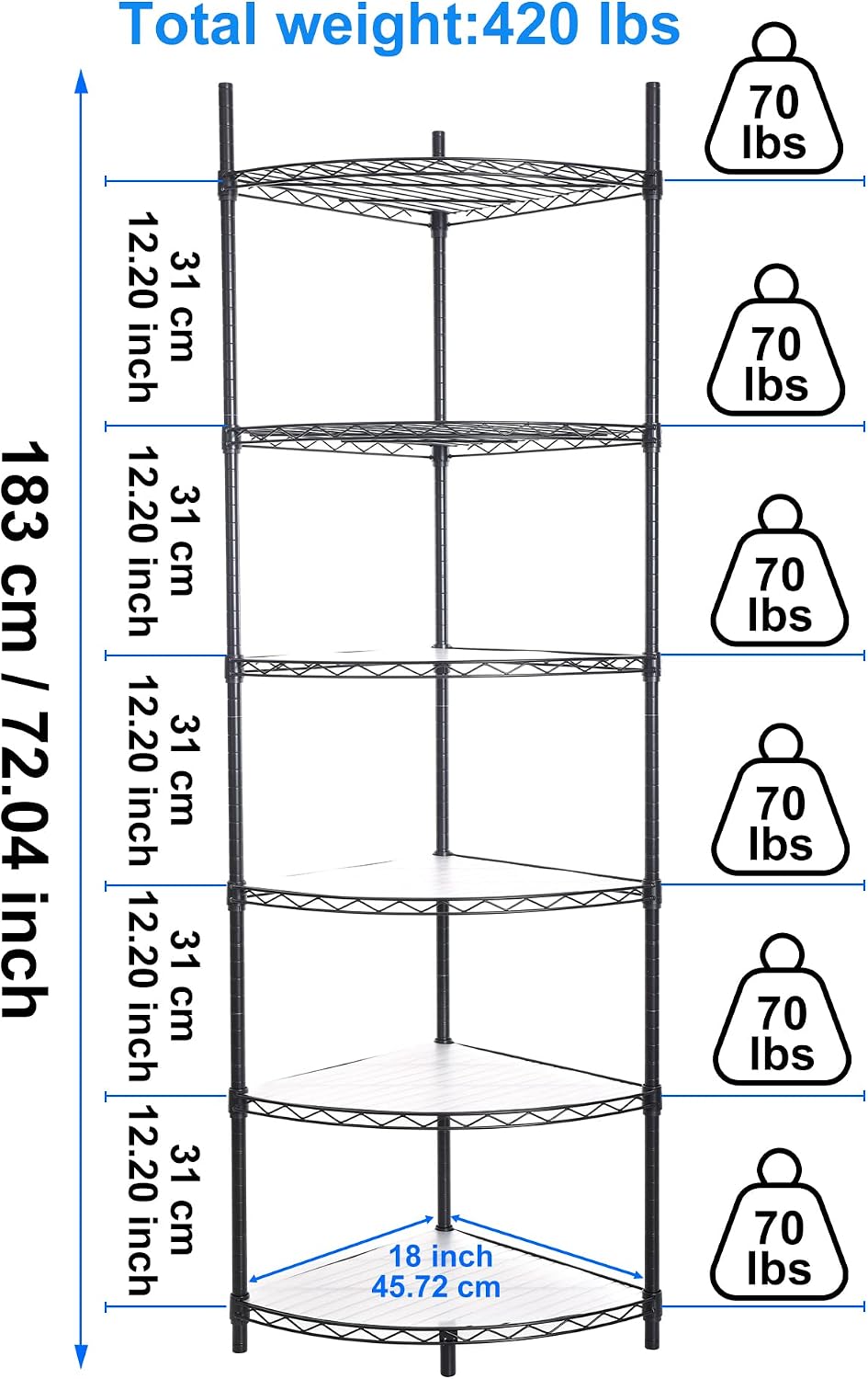 6 Tier NSF Metal Corner Shelf Wire Shelving Unit, 420lbs Capacity Heavy Duty Adjustable Storage Rack with Shelf Liners for Closet Kitchen Bathroom Garage Basement, 72' H x 18' L x 18' D - Black