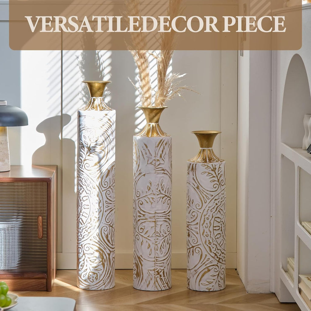 Tall Large Floor Vases Home Decor Set of 3 White and Gold Flower for Wedding Living Room Luxury Dried Flowers Antique Worn Vases 24'/28.7'/33.5' Height