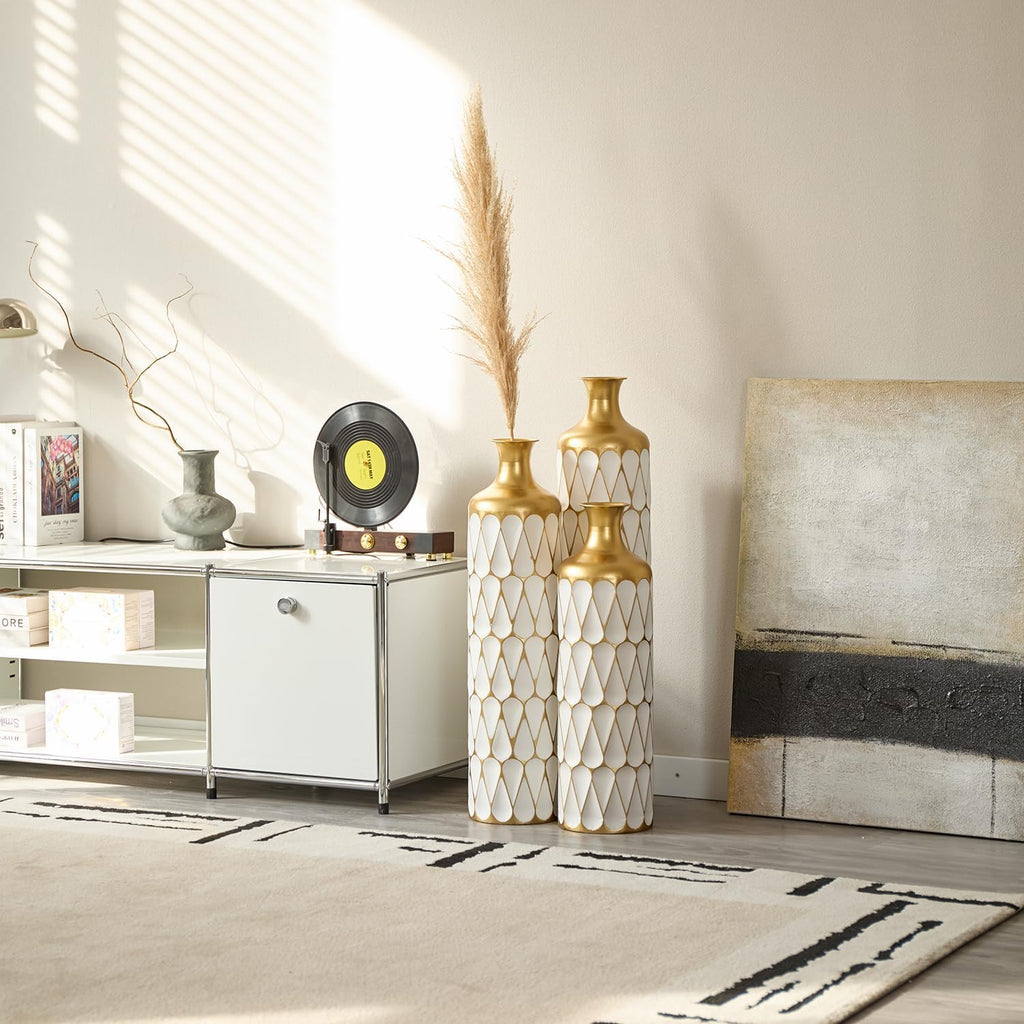 Luxurious White Metal Vase Set with Gold Details - 3-Piece Droplet Design for Beautiful Home Styling!