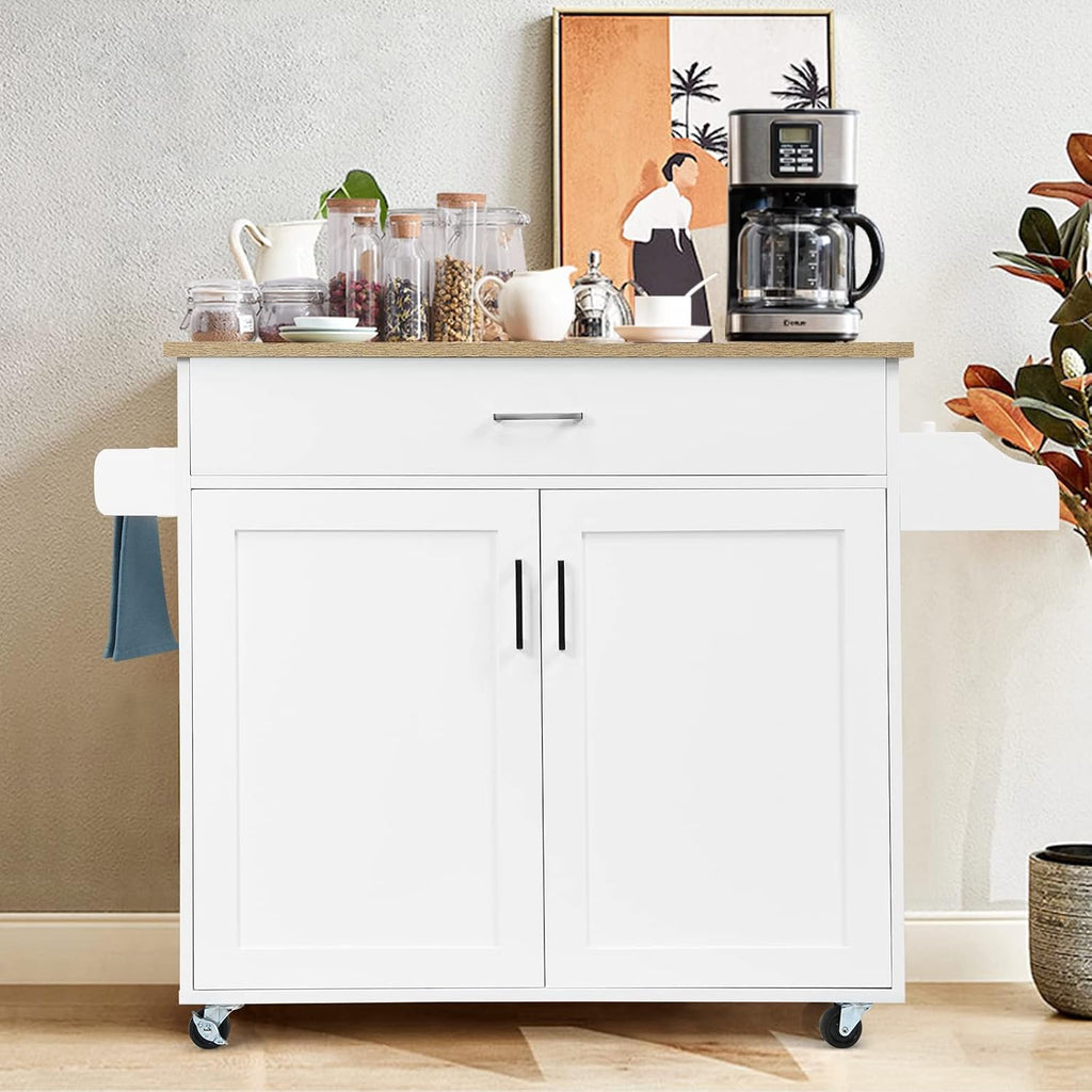 COSTWAY Kitchen Island On Wheels, Rolling Storage Trolley Cart with Large Cabinet, Drawer, Spice Rack and Towel Rack, Kitchen Serving Utility, 3-Position Adjustable Shelf (White)