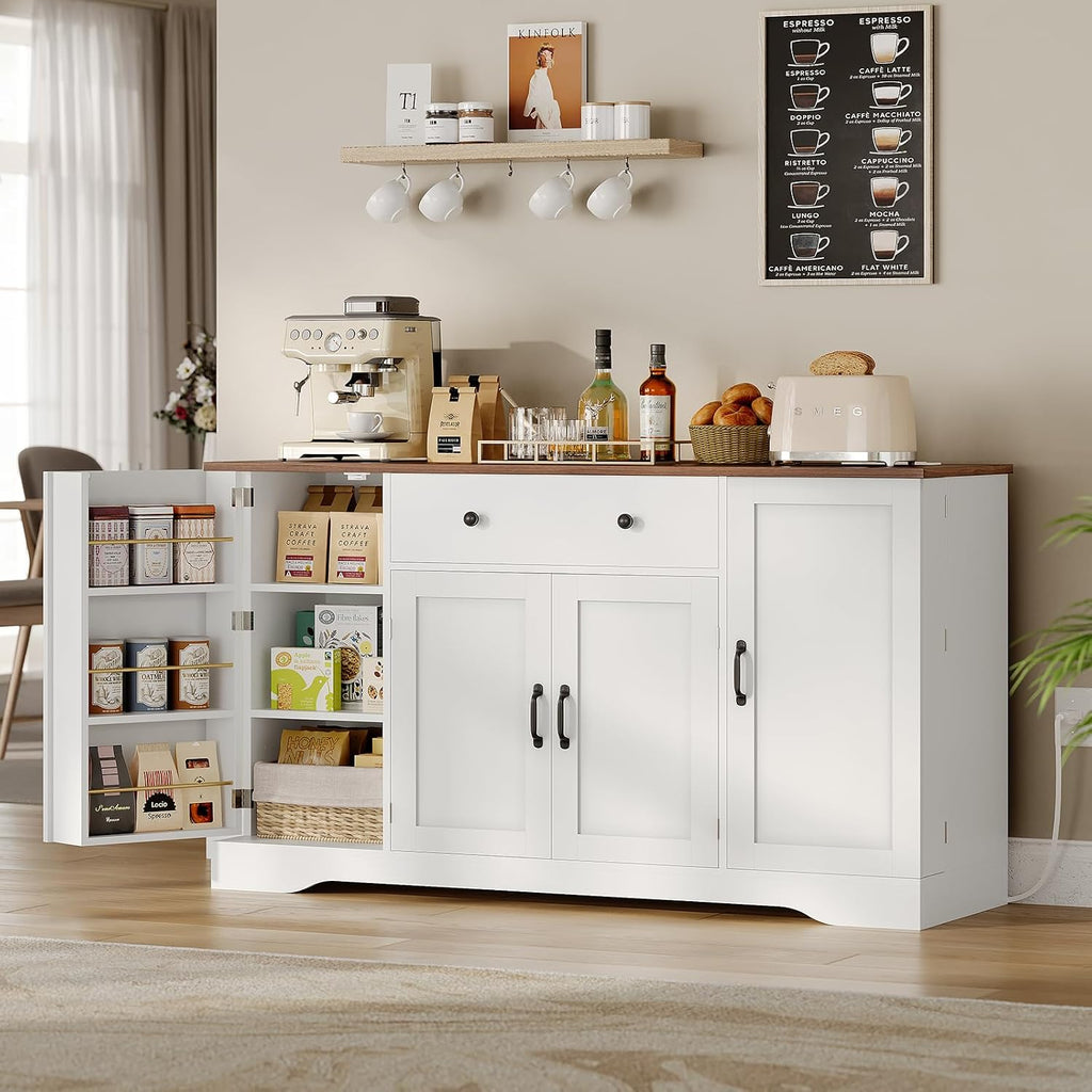 Brinlawb Buffet Cabinet with Storage & Charging Station, 53' Farmhouse Coffee Cabinet with Compartment Drawer, Sideboard Cabinets with Door and Adjustable Shelves for Kitchen, White