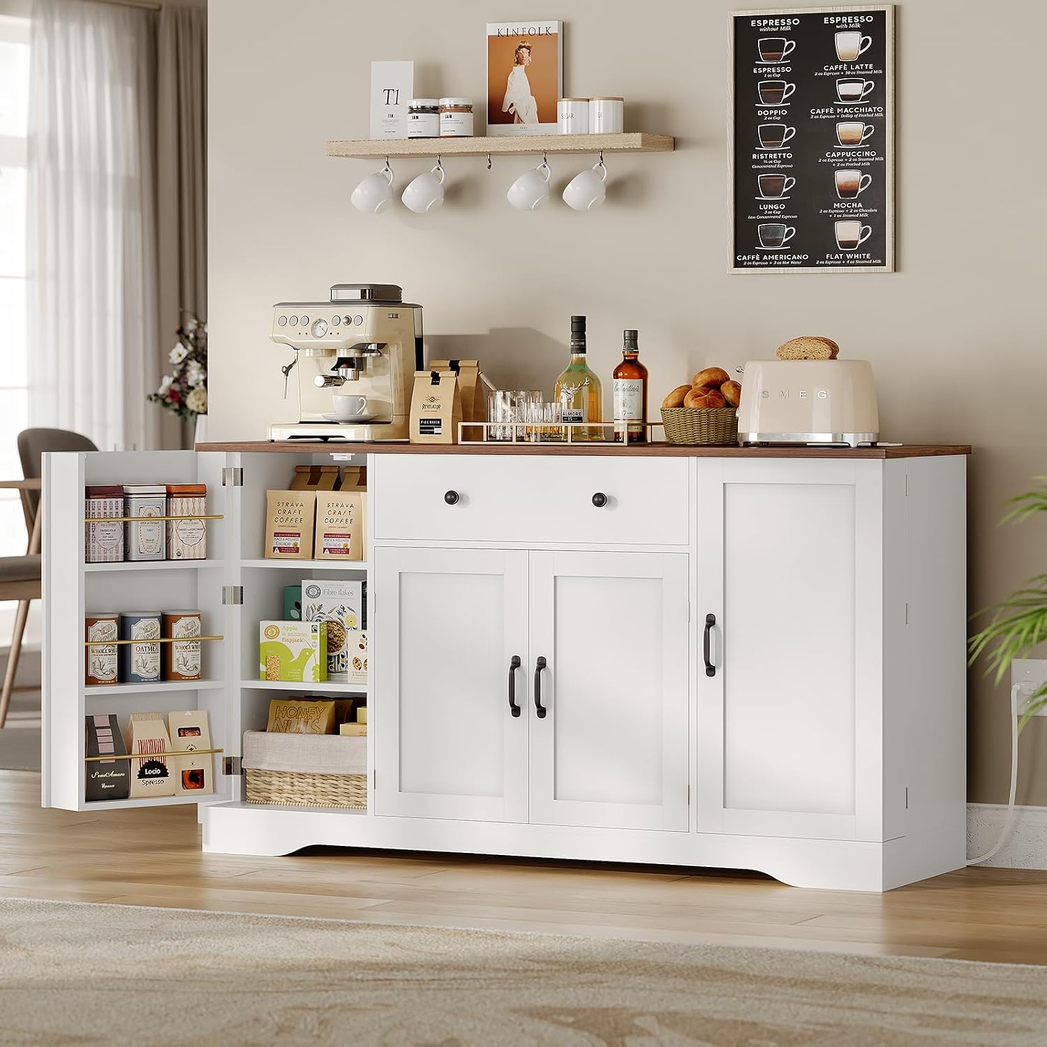 Brinlawb Buffet Cabinet with Storage & Charging Station, 53' Farmhouse Coffee Cabinet with Compartment Drawer, Sideboard Cabinets with Door and Adjustable Shelves for Kitchen, White
