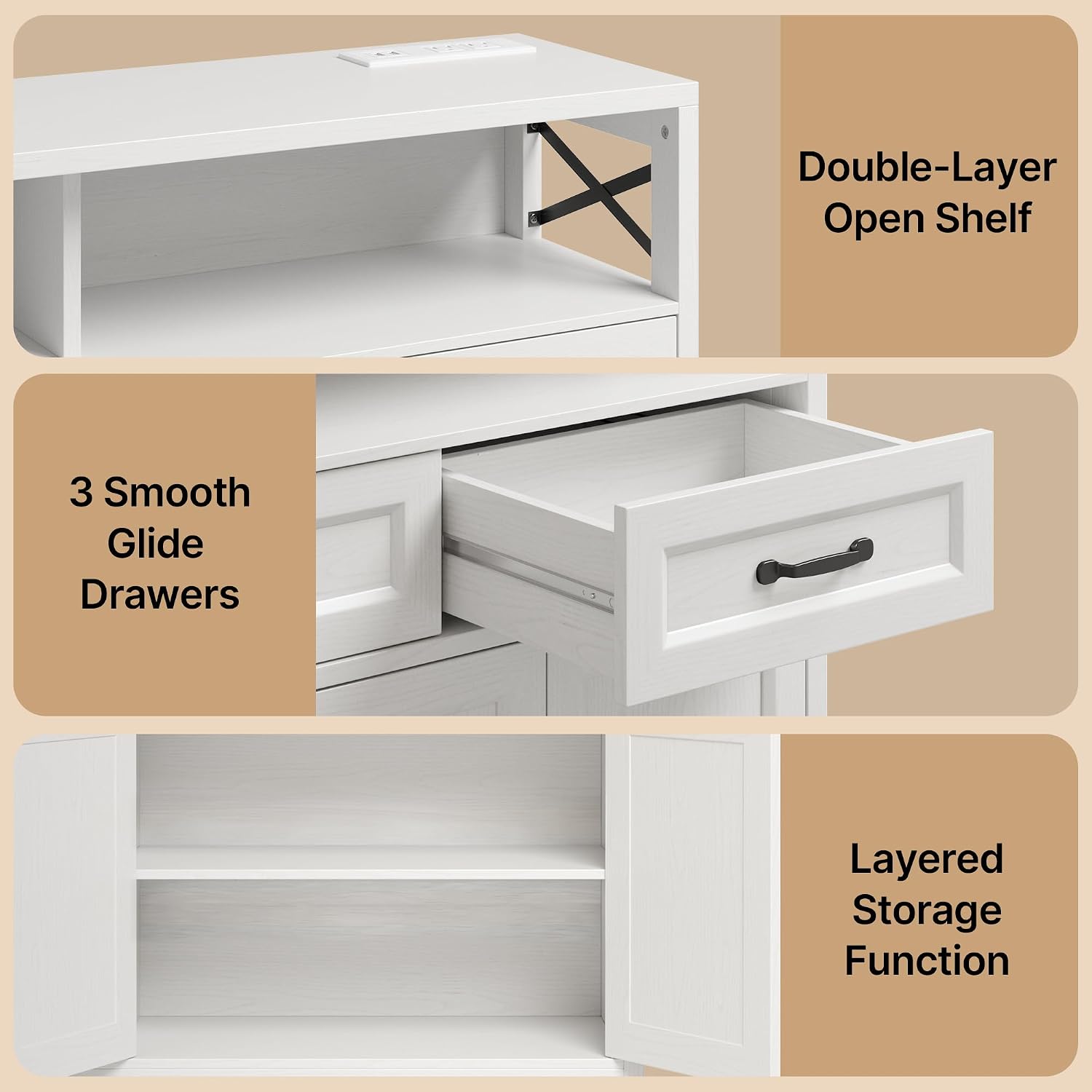 Ahomly 51' Buffet Cabinet with Adjustable Storage, Charging Port - 3 Drawers & 4 Doors Large Sideboard, Multi - Scene Coffee Bar/Microwave Stand for Kitchen,Living Room,Entryway（White）