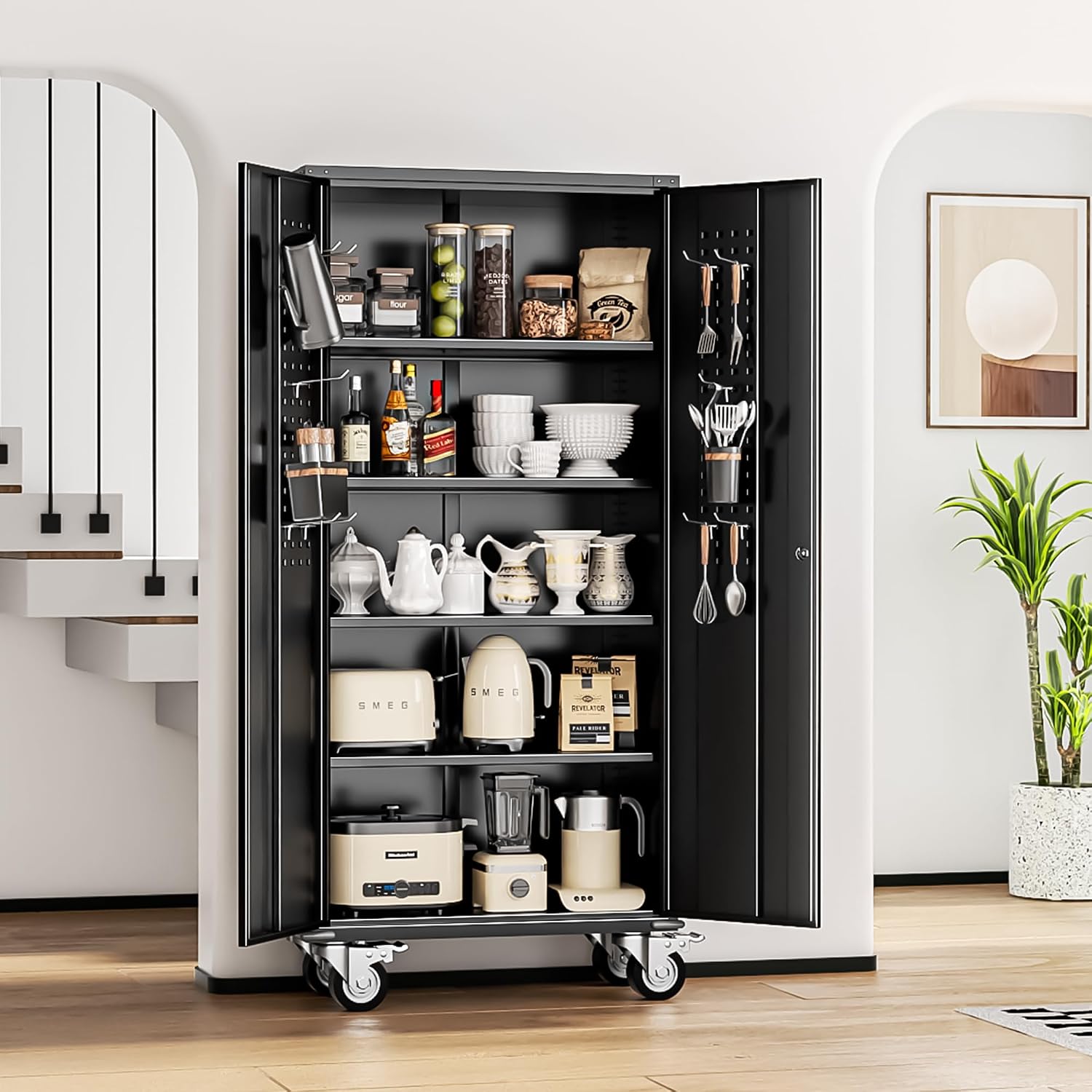 INTERGREAT Rolling Metal Cabinet with Wheels, 72' Locking Storage Cabinet with Adjustable Shelves, Large Capacity Pulley Cabinets for Home Office, School, Warehouse(Black)