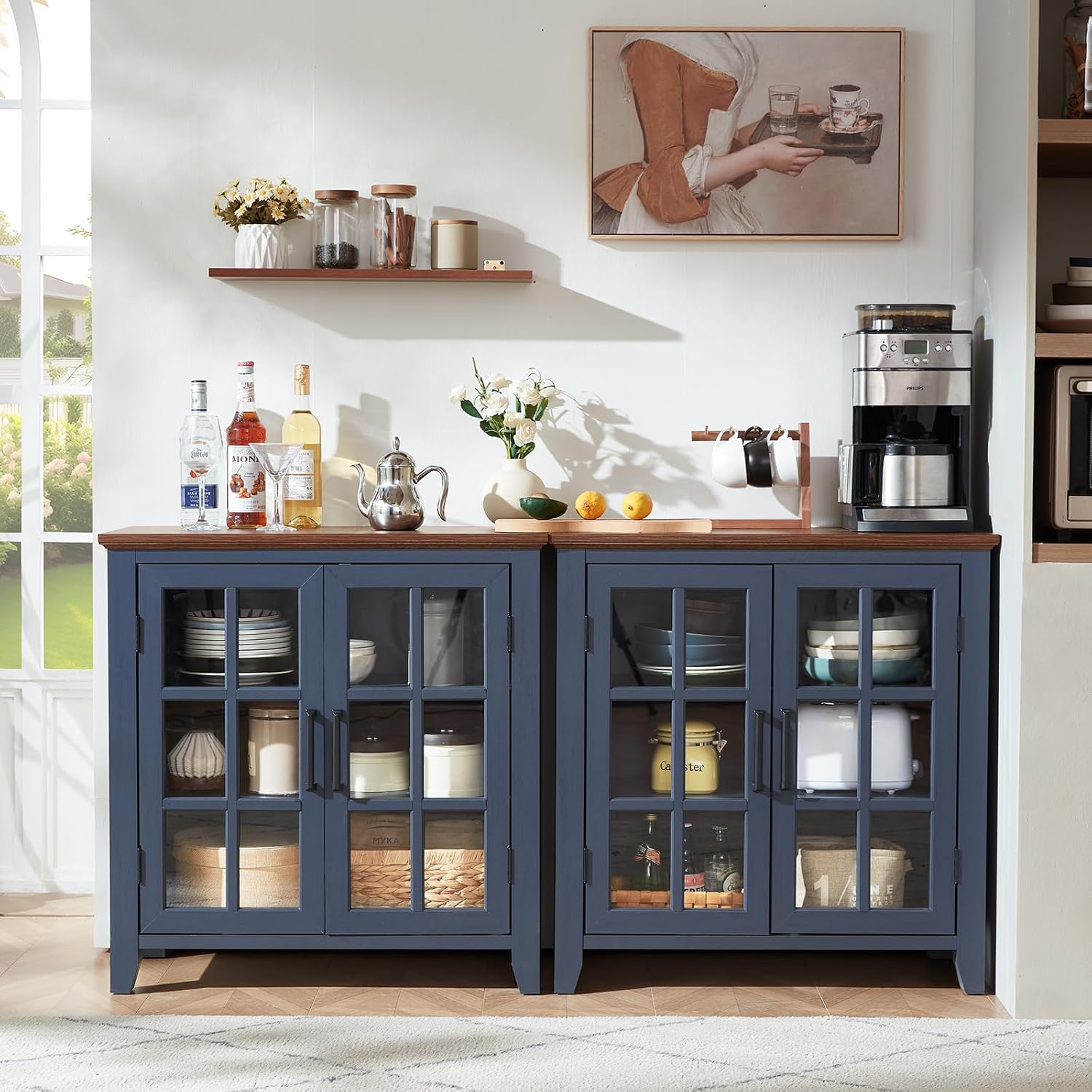 Joaxswe Large Sideboard Buffet Cabinet with Storage, 32' Farmhouse Kitchen Coffee Wine Bar Cabinet with 2 Glass Doors, Wood Mid Century Modern Side Board Table for Dining Room, Living Room, Navy Blue