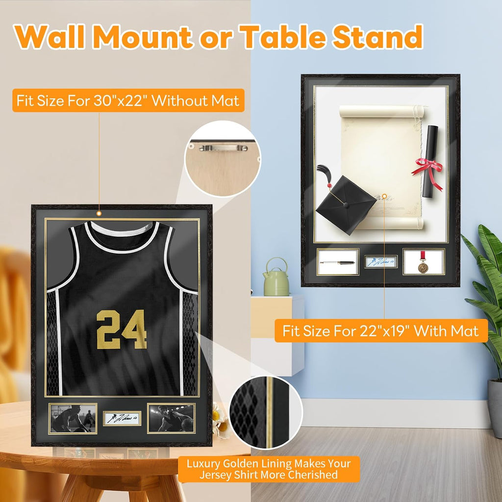 Jersey Frame Display Case 2 Pack, Large Sport Jersey Shadow Box with 98% UV Protection Acrylic,Two Photo Frame One Signature for Baseball Basketball Soccer Hockey Sport Shirt and Uniform,Black Walnut