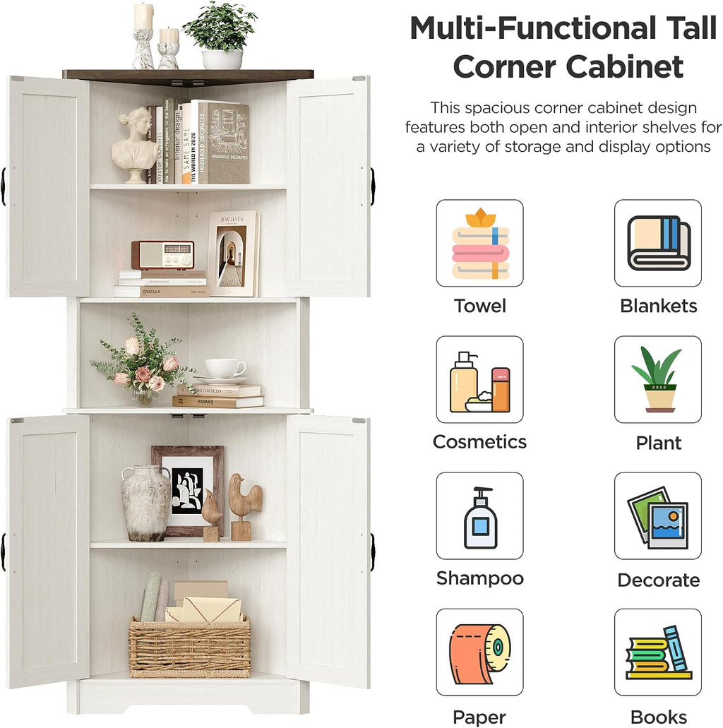 Vabches Tall Corner Cabinet, Corner Bathroom Cabinet, 67' Farmhouse Storage Cabinet with 4 Doors and Adjustable Shelves, Home Space Saver for Bathroom, Kitchen, Living Room, Pantry, Distressed White