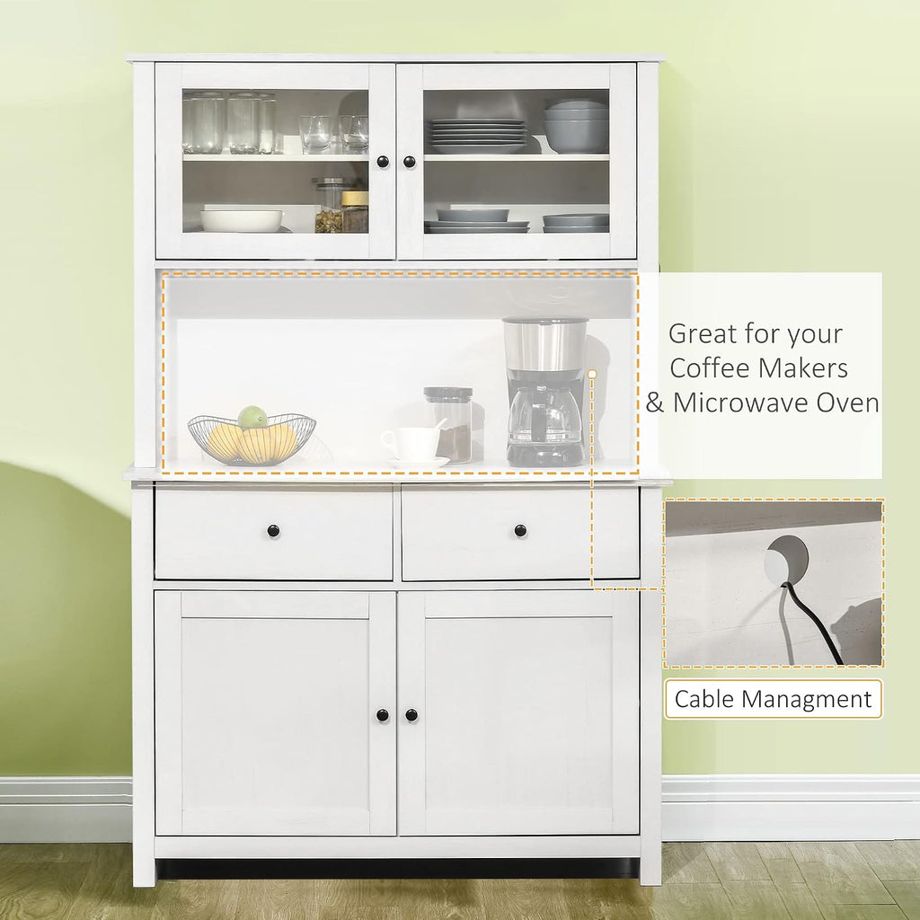 HOMCOM 63.5' Kitchen Buffet with Hutch, Pantry Storage Cabinet with 4 Shelves, Drawers, Framed Glass Doors, Open Microwave Countertop, Antique White