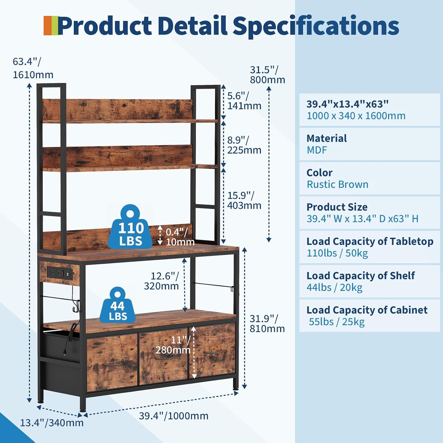 IDEALHOUSE 5 Tier Kitchen Bakers Rack with Charging Station & Drawers, Industrial Microwave Oven Stand, Freestanding Farmhouse Coffee Bar Station Utility Shelves with Hooks, Vintage Brown