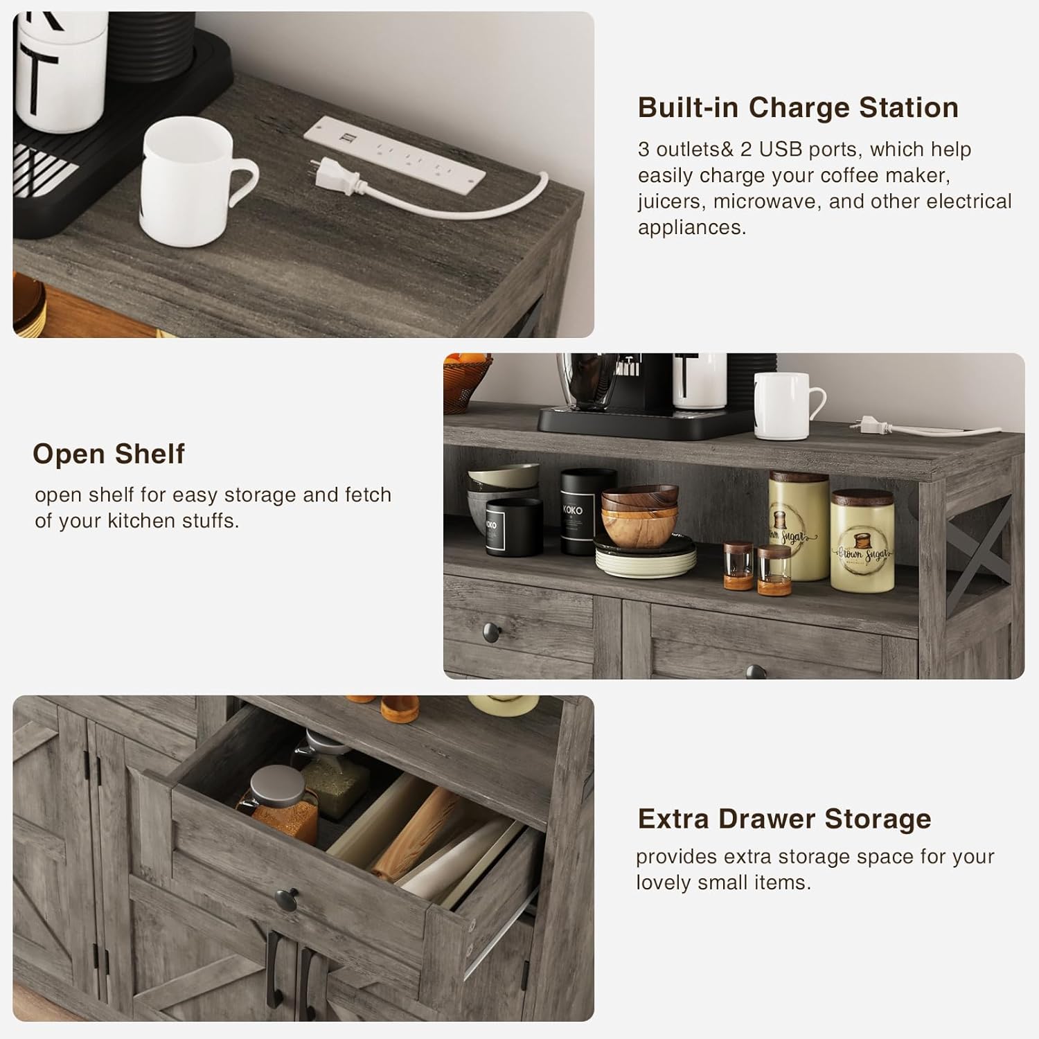 FiveWillowise 51' Farmhouse Buffet Sideboard with Storage, Kitchen Pantry Cabinet with Storage Drawers, Wood Cupboard Hutch, Coffee Bar Station Table for Kitchen, Living Room, Dining Room, Grey