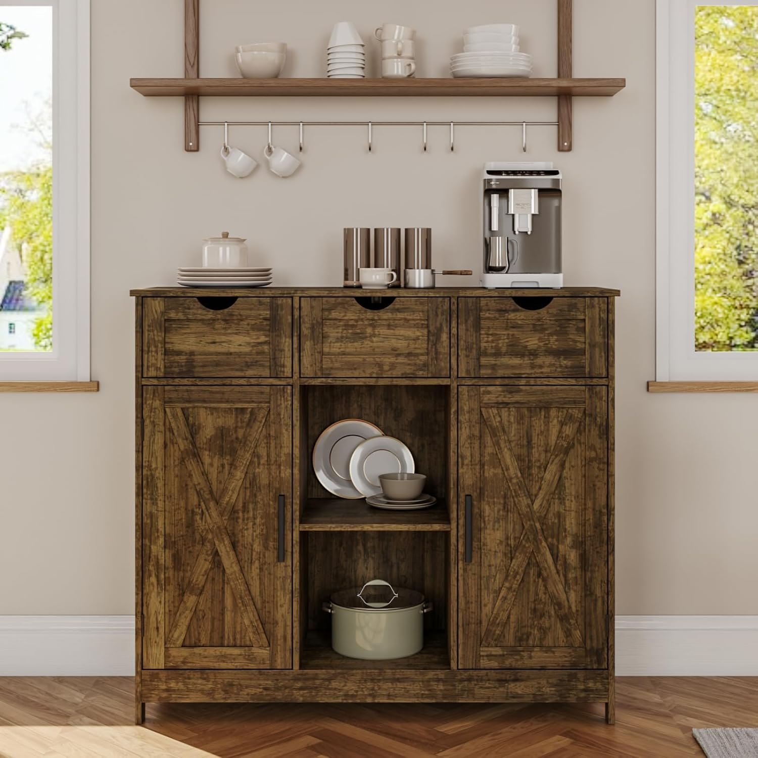 Viaozutis Storage Cabinet, Coffee Bar Cabinet with 2 Adjustable Shelves, 3 Drawers, and 2 Doors, for Bathroom, Kitchen, Living Room (Retro)