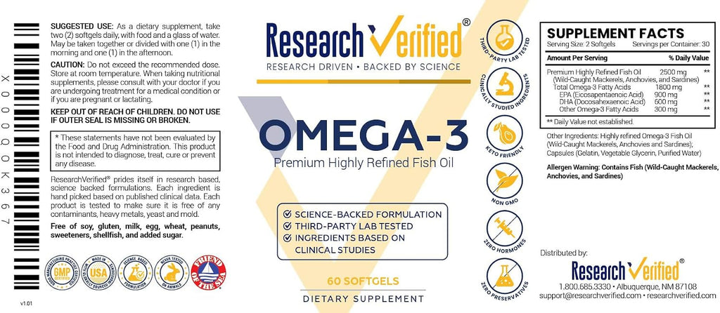 Research Verified Omega 3-1800mg Omega 3 Fish Oil - High 900mg EPA + 600mg DHA - No Aftertaste - 60 Softgel Capsules - 3 Bottles