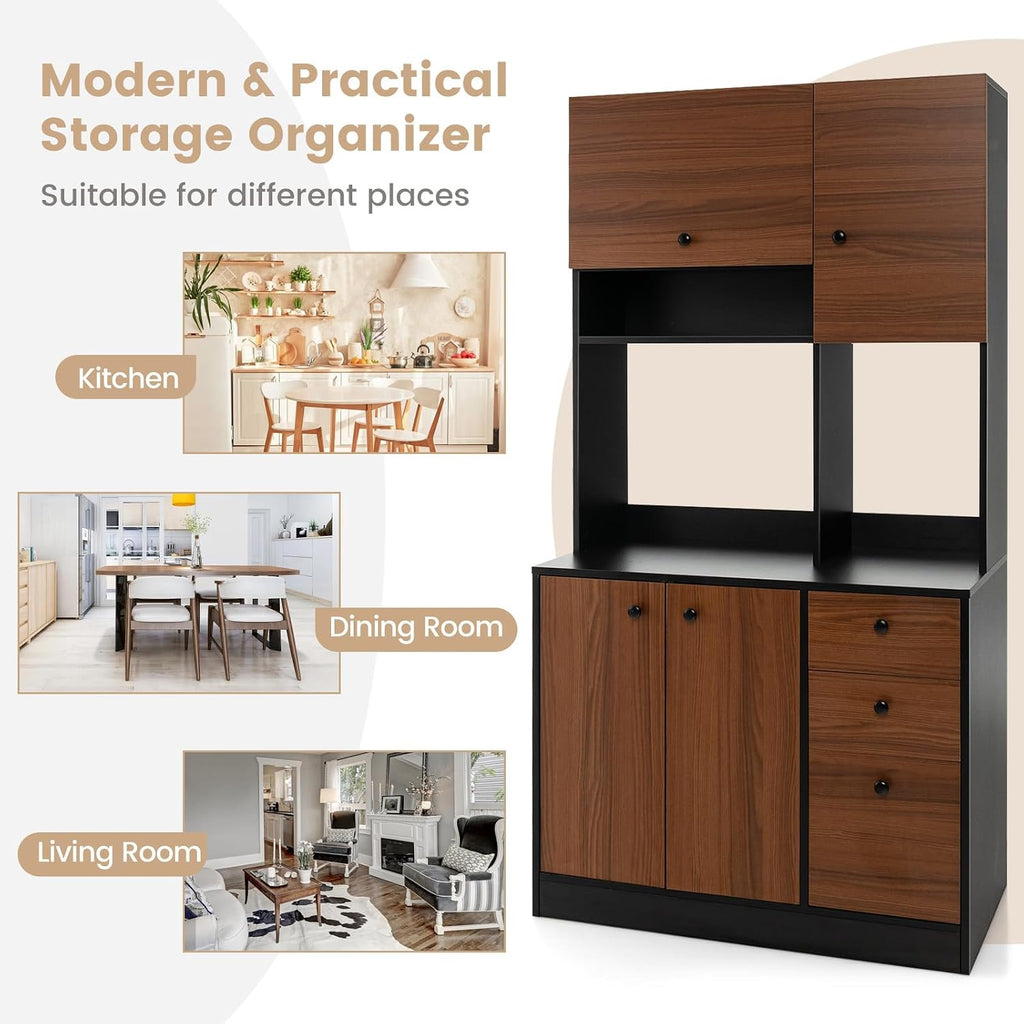 Giantex Kitchen Pantry, Buffet Hutch with 3 Storage Cabinet, 71'' Floor Large Cupboard with 3 Deep Drawers, Wide Countertop, Adjustable Shelves, Tall Sideboard (Walnut)