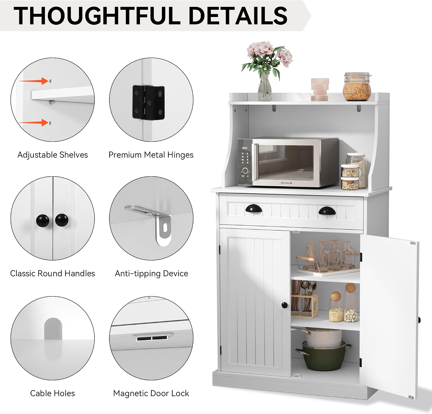 ARTPOWER 54' Kitchen Microwave Cabinet/Stand with Storage and Drawers, Pantry Storage Cabinet with Hutch & Adjustable Shelves for Kitchen, Dining Room, Living Room, Hallway in White