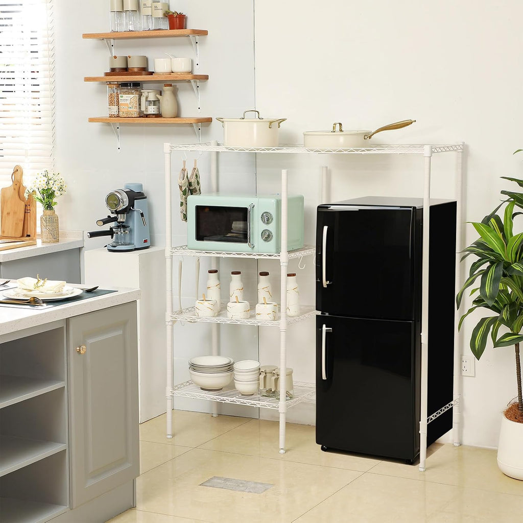 Huwena Mini Fridge Stand with Storage Shelf for Dorm 4 Tier Mini Microwave Stand Baker Rack Adjustable Height over Fridge Storage Organizer with Hook for College Dorm Kitchen Office Coffee Bar (White)