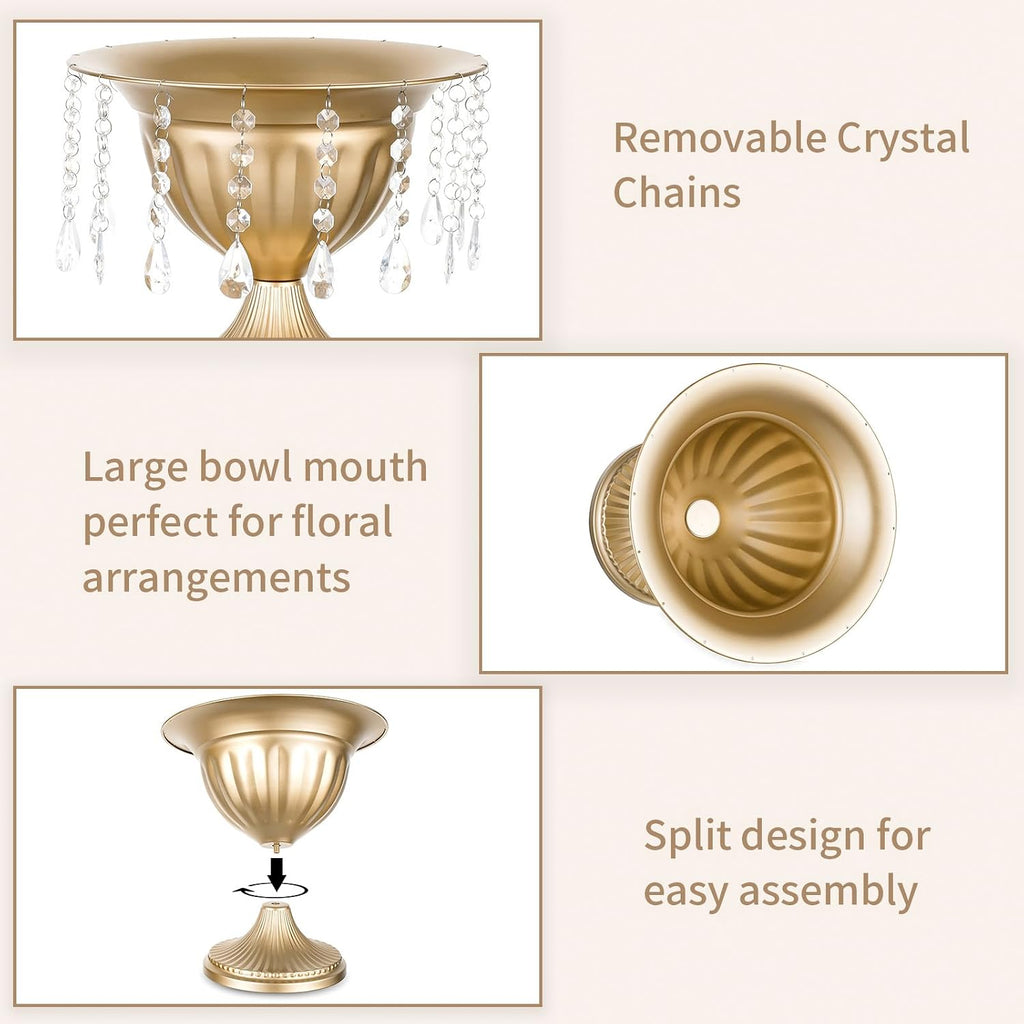 Sziqiqi Gold Urn Vase for Wedding: 8.6in Large Compote Vases Centrepieces with Crystal Beads for Table Decorations - Set of 10 Metal Urn Vases for Flower Arrangement Bowl Vase for Party Anniversary