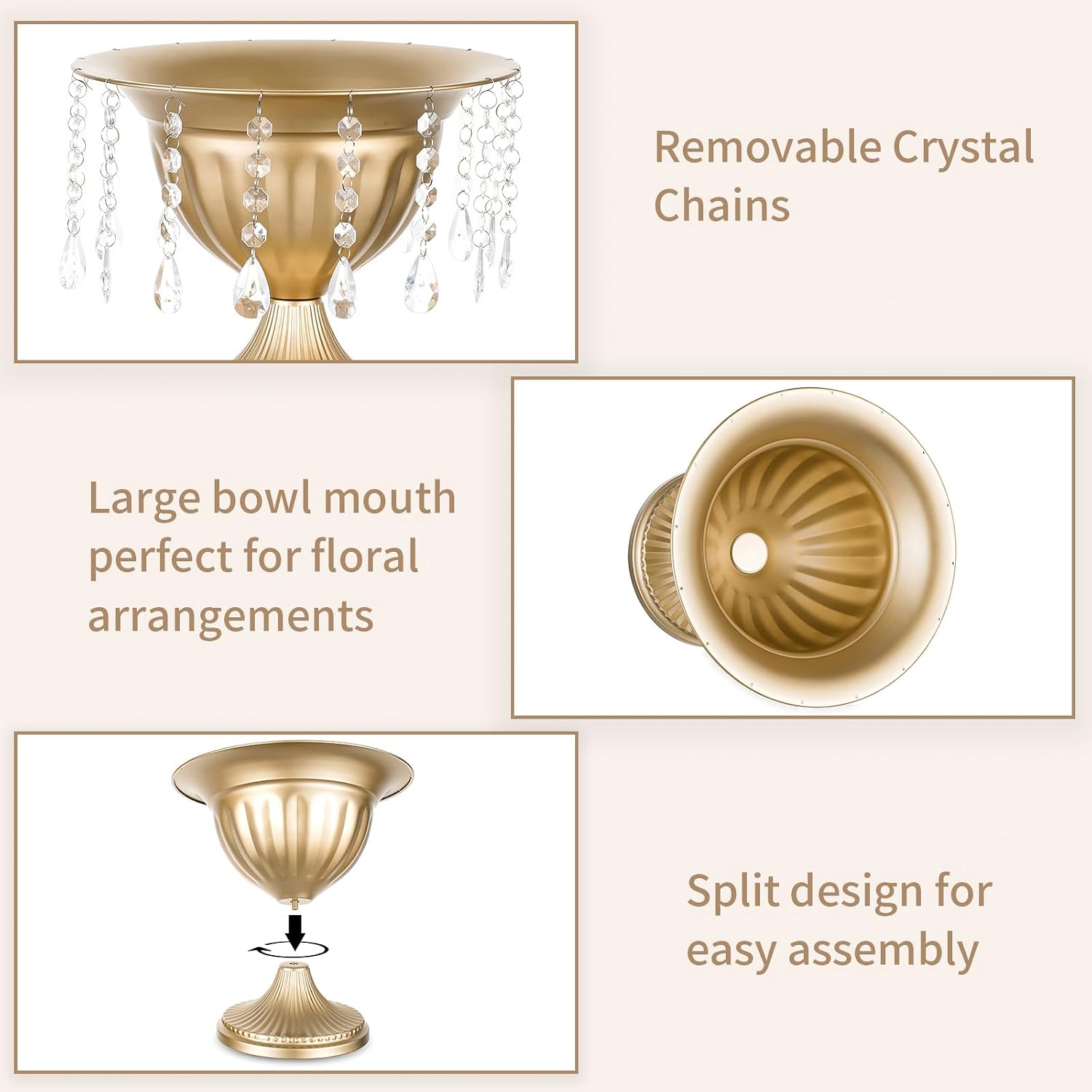 Sziqiqi Gold Urn Vase for Wedding: 8.6in Large Compote Vases Centrepieces with Crystal Beads for Table Decorations - Set of 10 Metal Urn Vases for Flower Arrangement Bowl Vase for Party Anniversary