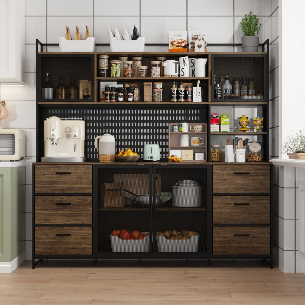MOUMON 70.9' Extra Large Kitchen Pantry Cabinet with Hutch, Industrial Kitchen Hutch with 6 Drawers and 4 Mesh Doors, Large Coffee Bar Cabinet with Pegboard and Shelves, Brown and Black