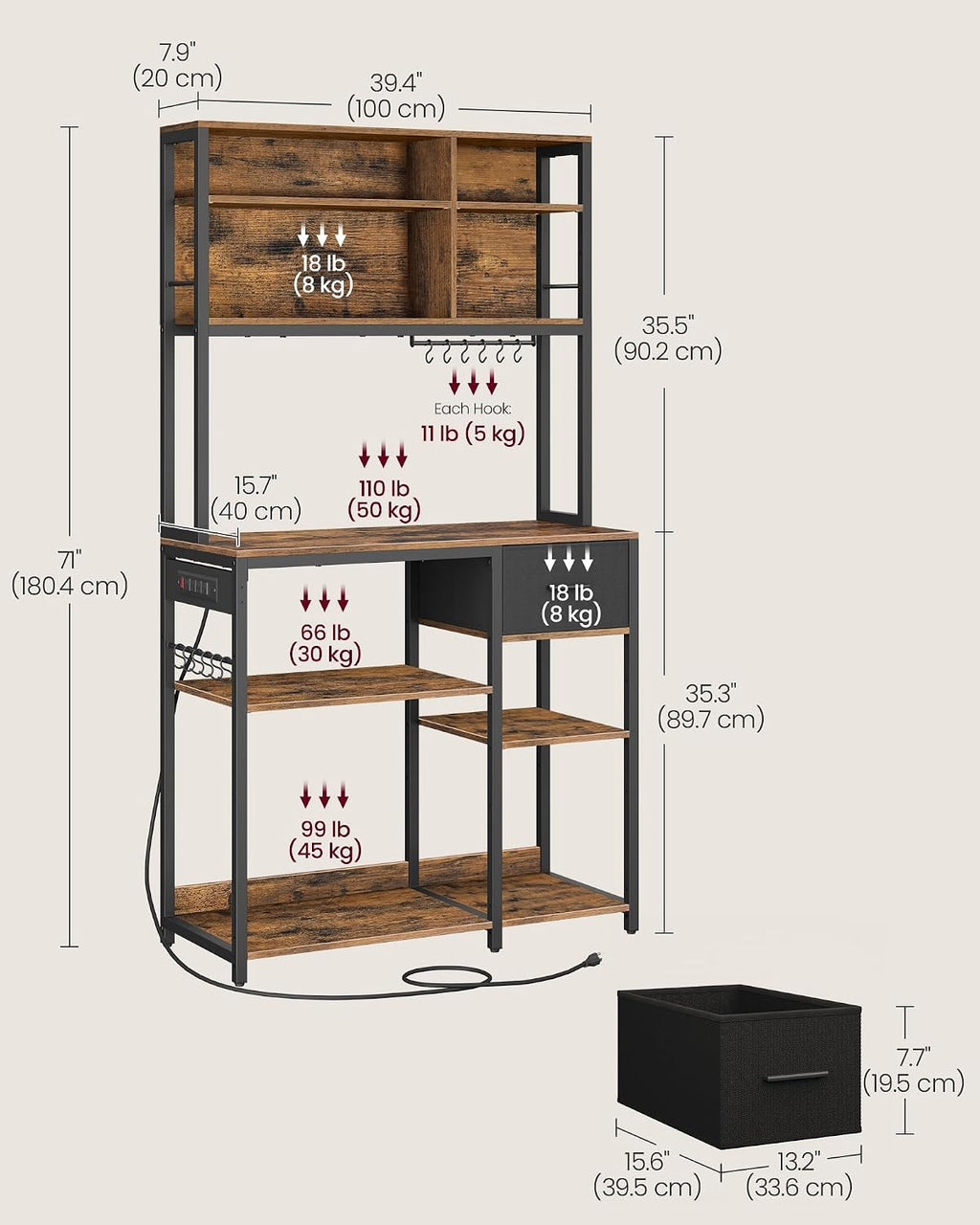 VASAGLE Bakers Rack with Charging Station, Coffee Bar, 15.7 x 39.4 x 71 Inches, Kitchen Microwave Stand, Adjustable Storage Shelves, Fabric Drawer, 12 Hooks, Rustic Brown and Ink Black UKKS027K01
