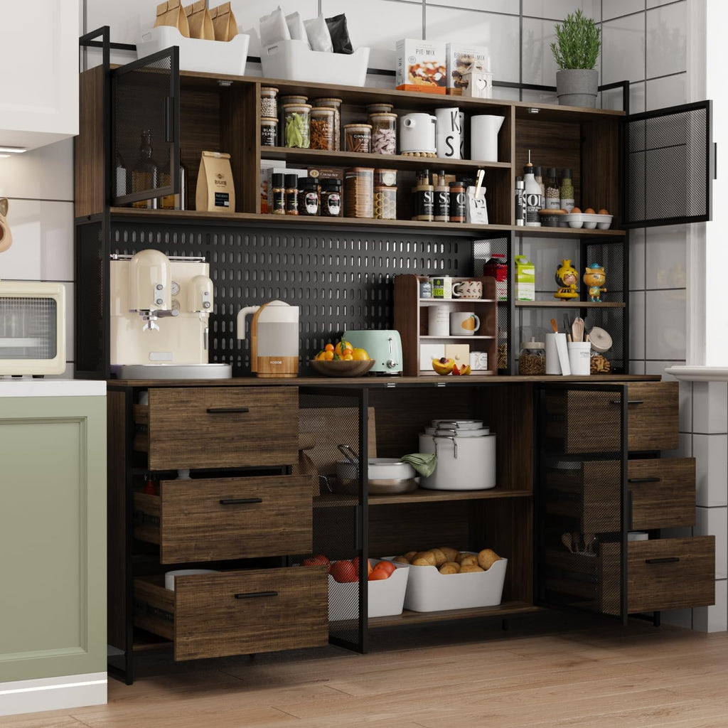 ECACAD 70.9' L Sideboard Buffet Storage Cabinet with Hutch, Pegboard, 4 Metal Mesh Doors, 6 Drawers & Shelves, Kitchen Pantry Cupboard for Living Room, Dining Room, Black & Rustic Brown