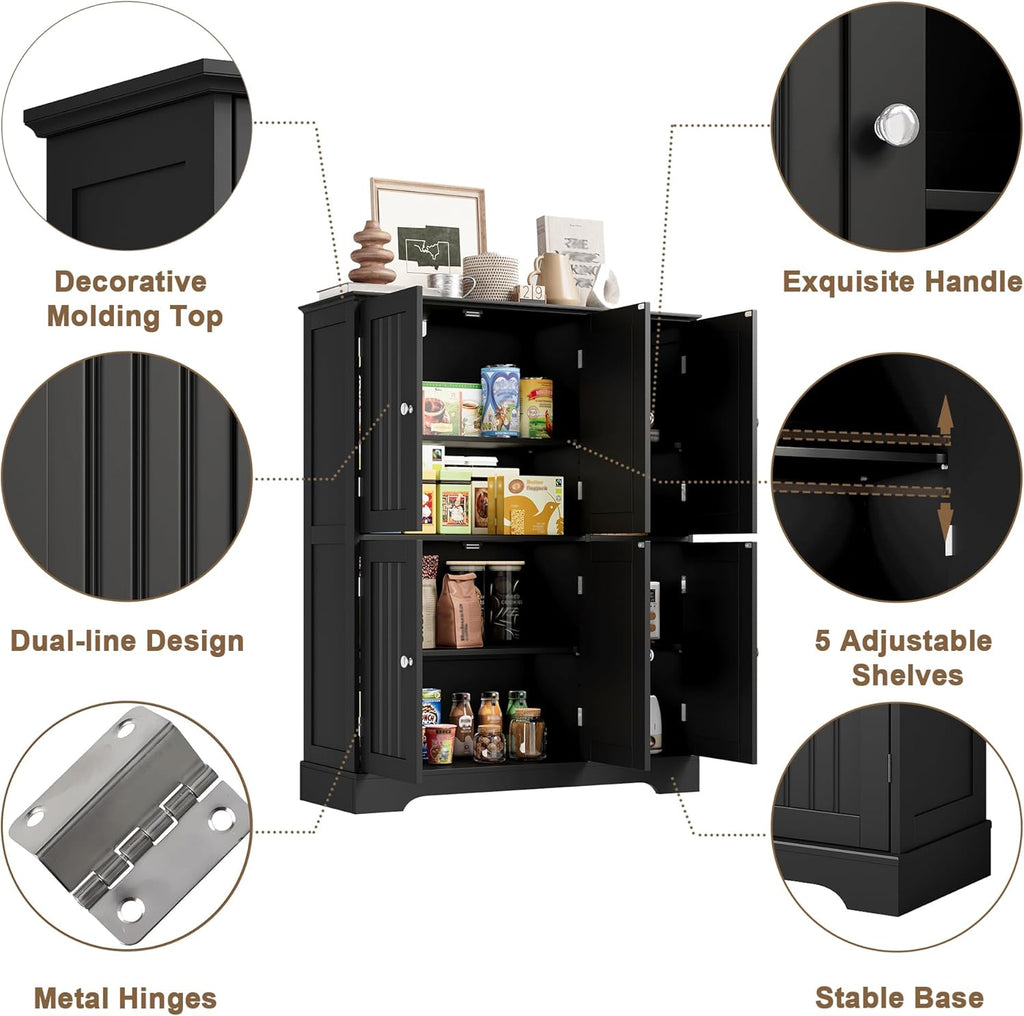 ChooChoo Bathroom Floor Cabinet, Modern Bathroom Storage Cabinet with 6 Doors and Adjustable Shelves, Freestanding Cupboard for Living Room, Black
